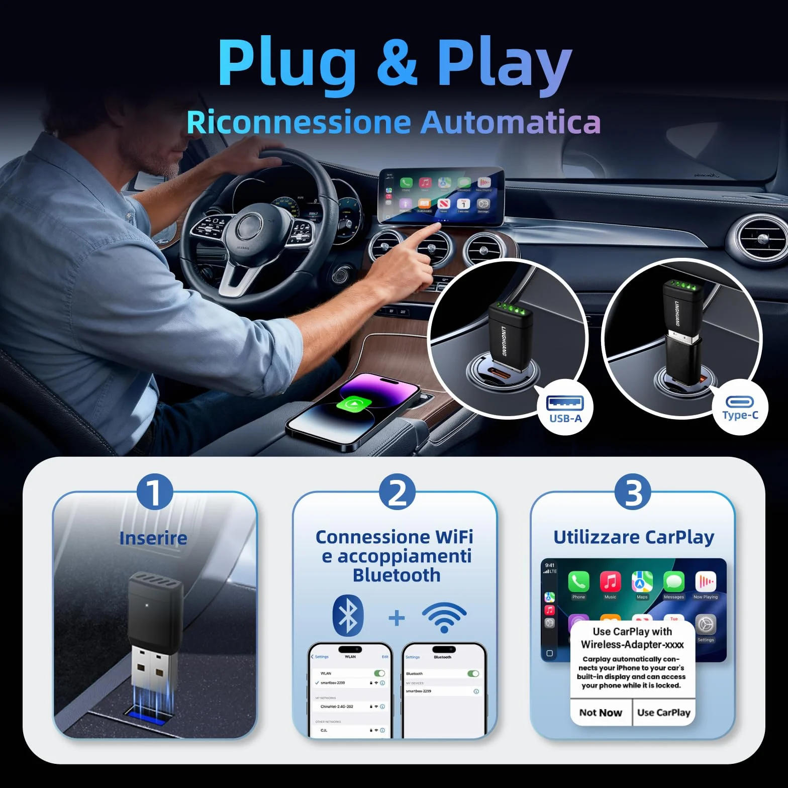 LINGHUANG Adattatore Carplay Wireless & Mini Adattatore Android Auto Wireless, Converte il Cavo in un Senza Fili, Plug & Play, Connessione Veloce e Stabile, Compatibile con iOS 10+ & Android 11+