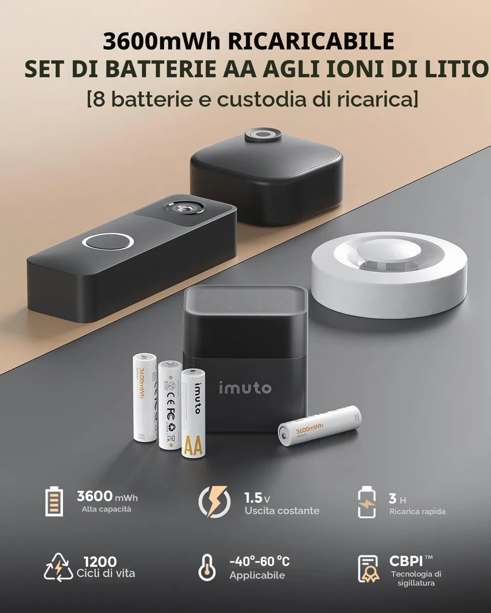 imuto 1.5V Batterie AA ricaricabili 3600mWh, Pile Ricaricabili AA Litio 1600 Cicli con display a LED nero ricarica rapida, 8 pezzi