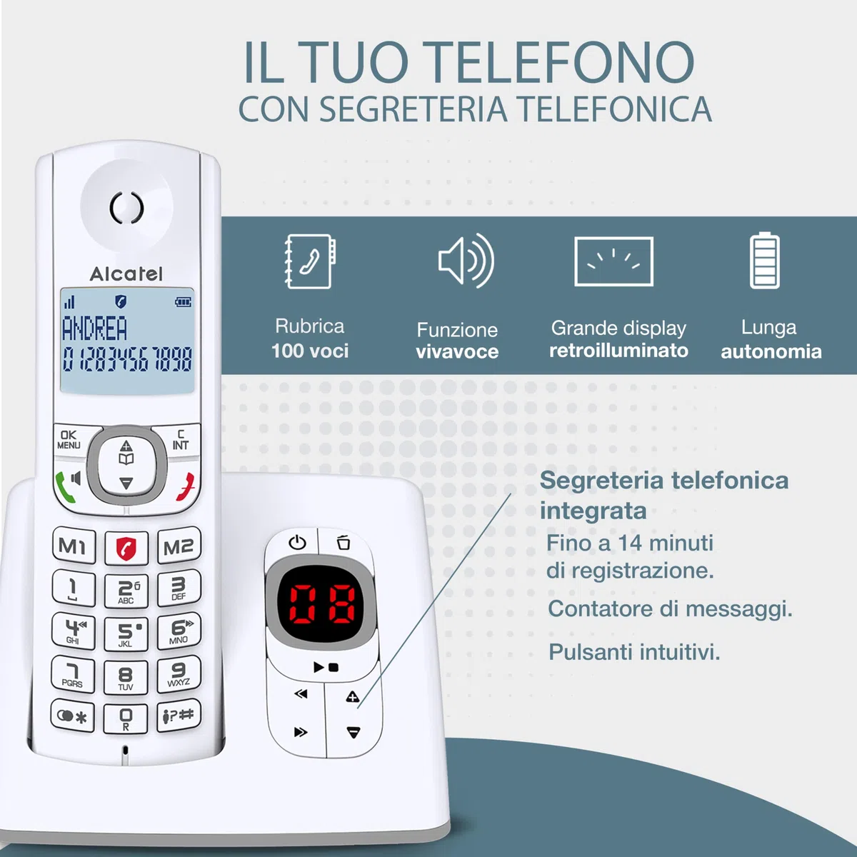 ALCATEL F530 Voice Trio - Telefono fisso cordless DECT con segreteria - Grande display - Vivavoce - Funzione blocco chiamate - 2 tasti di memoria diretta - 3 portatili - Bianco/Grigio