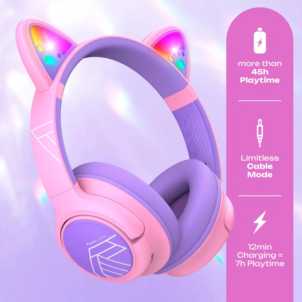 PowerLocus Cuffie Bluetooth per Bambini, Cuffie Wireless per Ragazzi, 74/85/94dB Limite di Volume, Luci a LED, Cuffie Over Ear Pieghevole Senza Fili con Microfono per iPad/Viaggio/Tablet/PC (Viola)