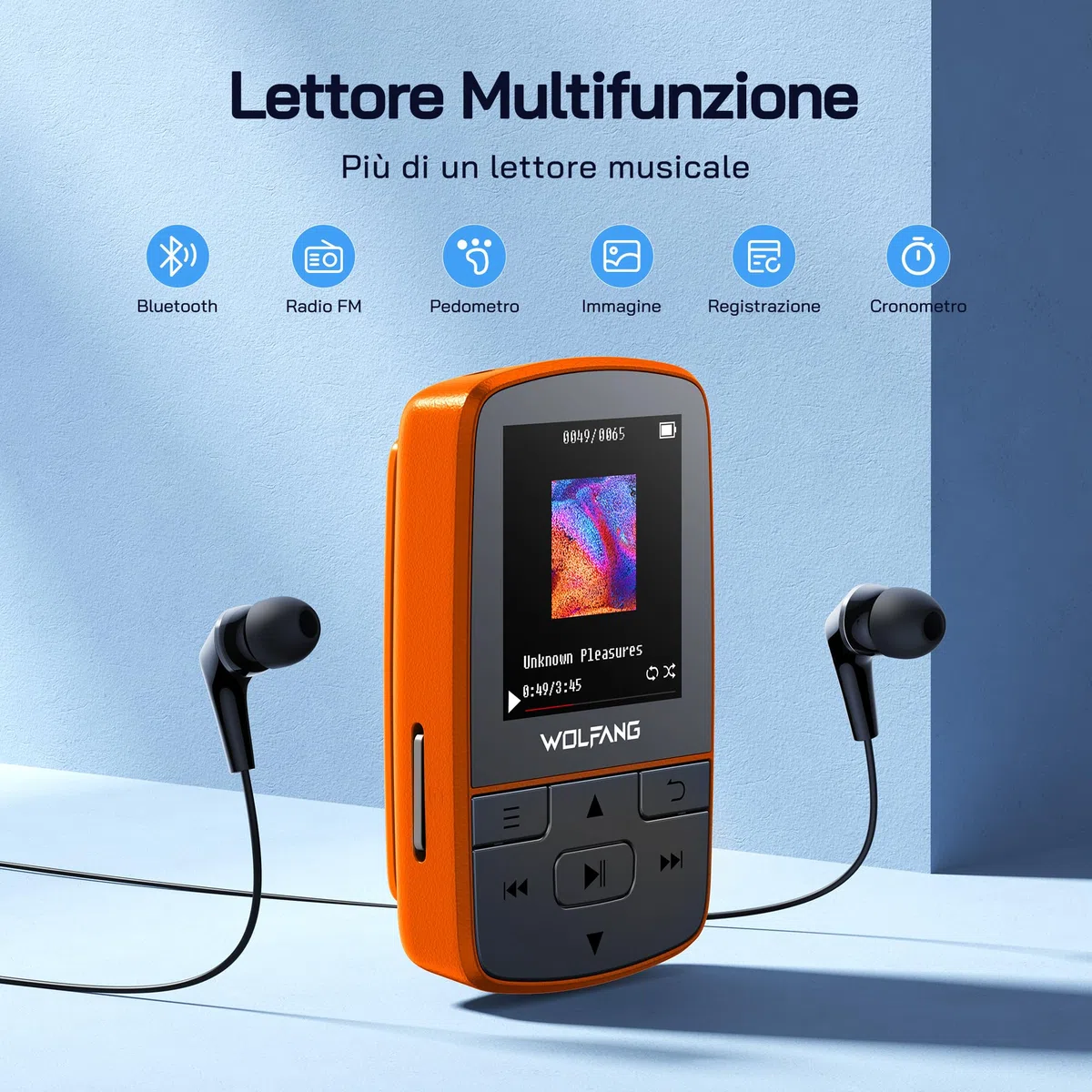 WOLFANG Lettore MP3 con Bluetooth 5.2, clip sportiva, formato mini, peso 28,3 g, radio FM HiF, registratore vocale, auricolari inclusi, arancione