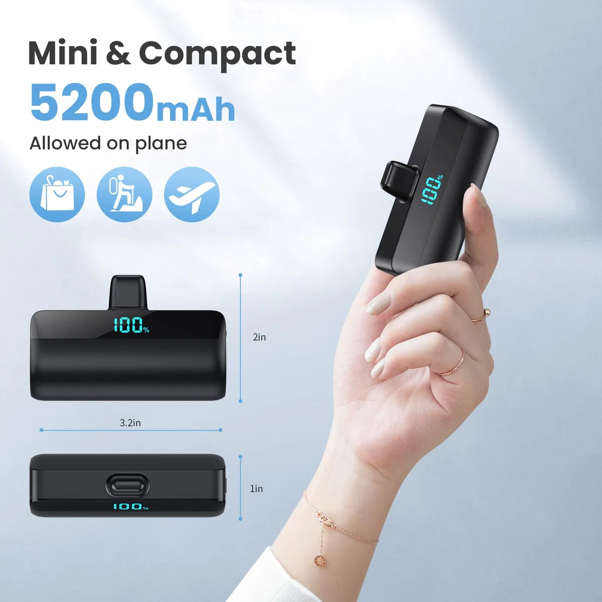 Feob Mini Power Bank per iPhone 17/16/15 Serie, 5200mAh PD 3A USB C Caricatore Portatile Ultra-Compatto Batteria Esterna Powerbank con LED Display Compatibile con iPhone 17/16/15, Samsung S25/S24 etc