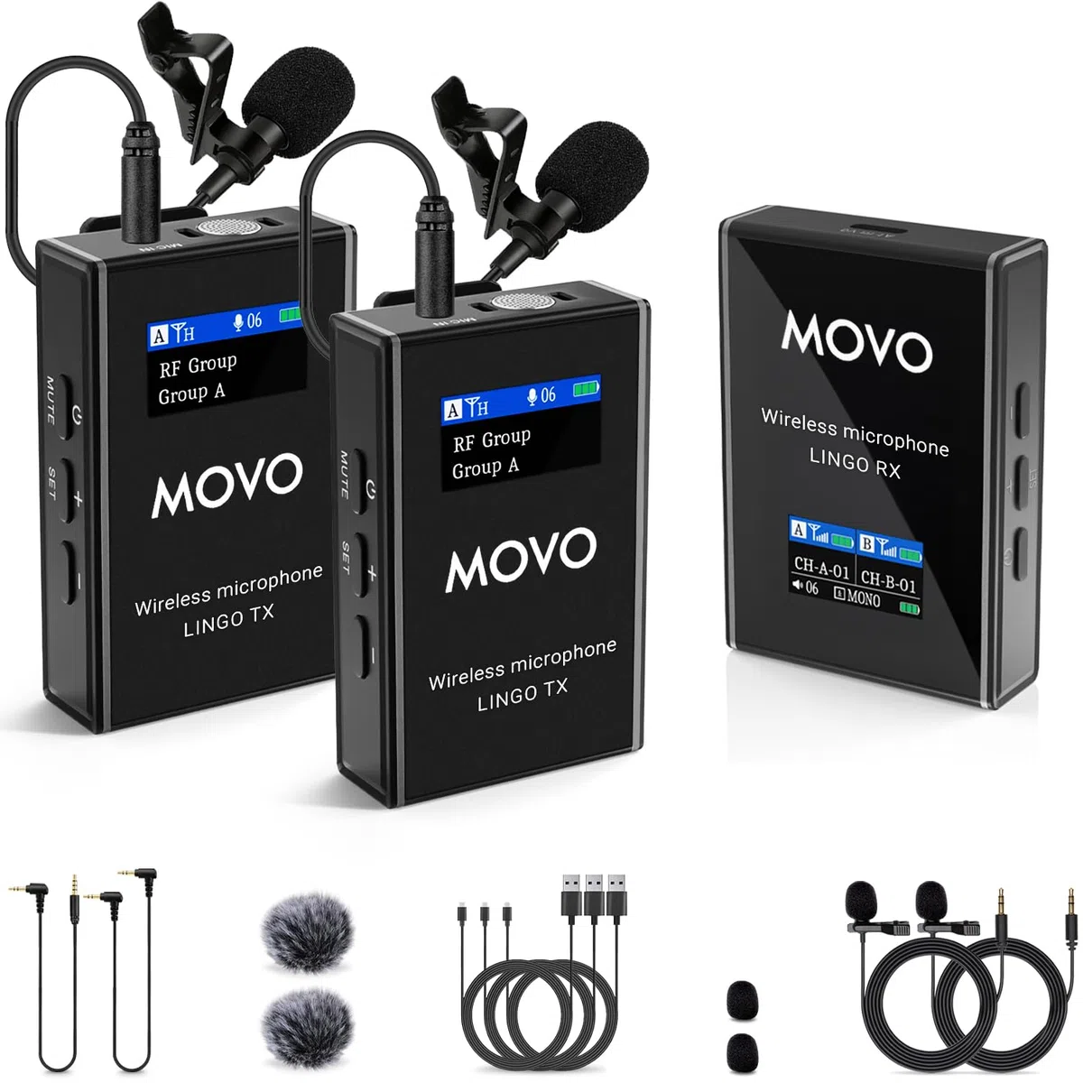 Movo Lingo-Duo - Sistema microfono lavalier wireless UHF a 48 canali per fotocamera, compatibile con fotocamere DSLR Canon EOS, Nikon e Sony, per filmmaking, vlogging, interviste, creazione di