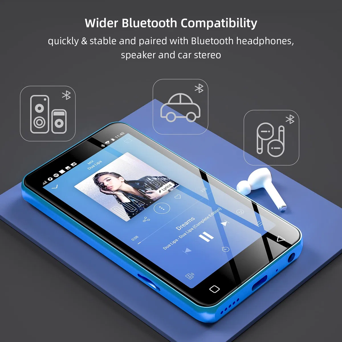 innioasis Lettore MP3 da 80 GB con Bluetooth e WiFi, Lettore musicale MP3 con Spotify, Amazon Music, Audible, Touch screen da 4 pollici, Streaming MP3 Android (blu-bianco)