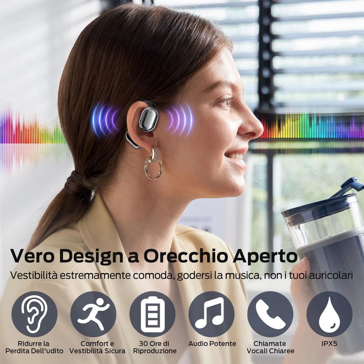 BUGANI Cuffie Bluetooth, Auricolari Wireless Open Ear Bluetooth 5.4, 30 Ore, Driver Di Grande Dimensioni Da 16,2 mm, Over Earbuds, Auricolari Sportivi Impermeabili Per Esterno