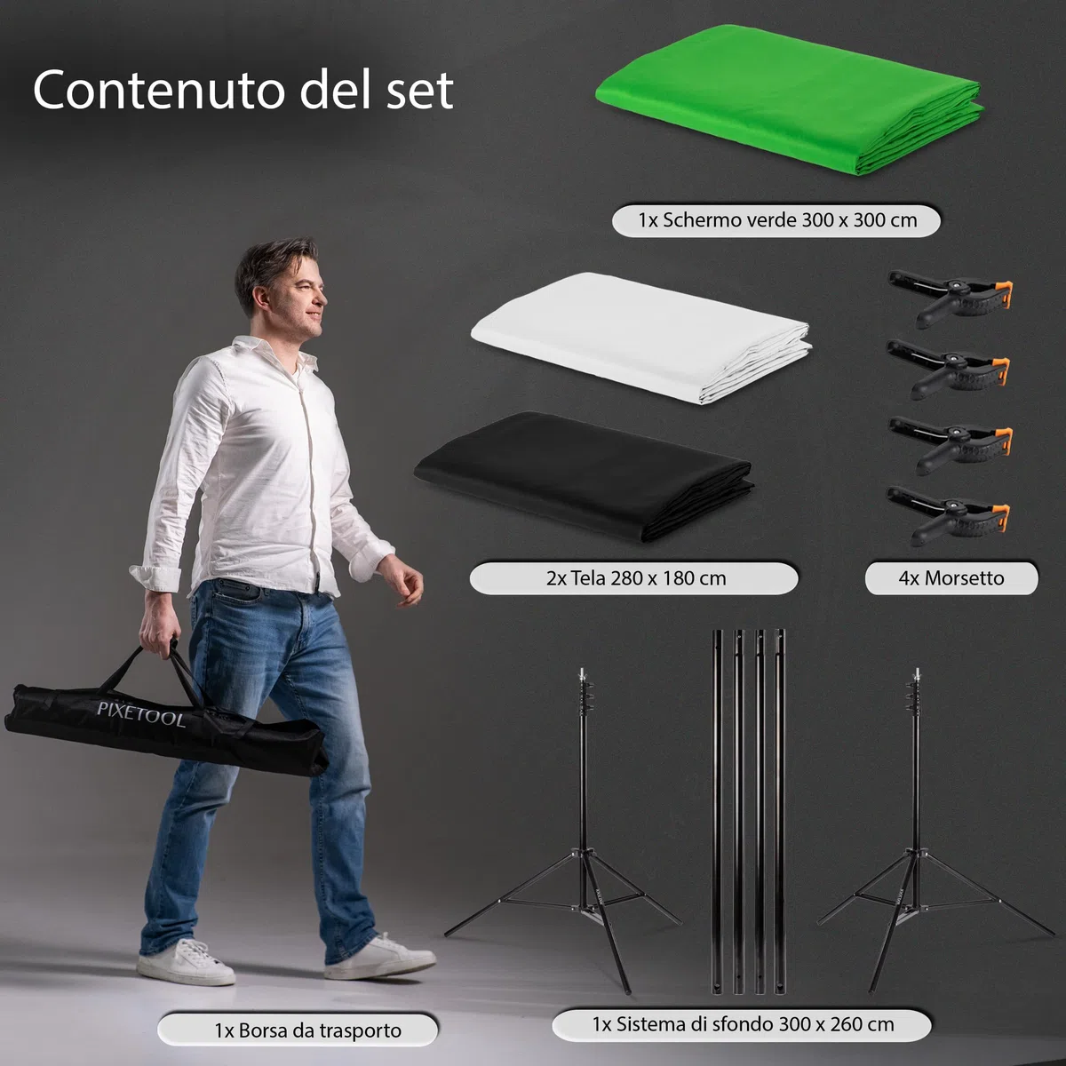 Green Screen Con Supporto (3m x 3m) – Sfondo Fotografico - Set Studio Fotografico - Accessori Per La Fotografia Streaming Giochi Gaming – 3x Telo di Fondale (verde, bianco, nero) – 4 Morsetti