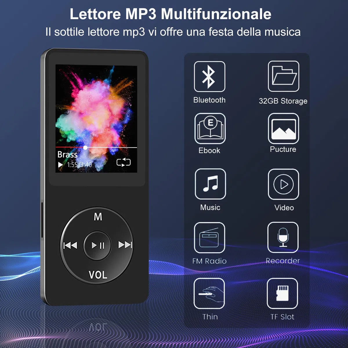 Lettore MP3 Bluetooth, 32GB Lettore MP4 Portatile HiFi Lossless Sound, MP3 Player Musicale Lettore con radio FM/Registratore Vocale/Video/E-Book, Suppota TF Fino a 128G (Cuffie Incluse)
