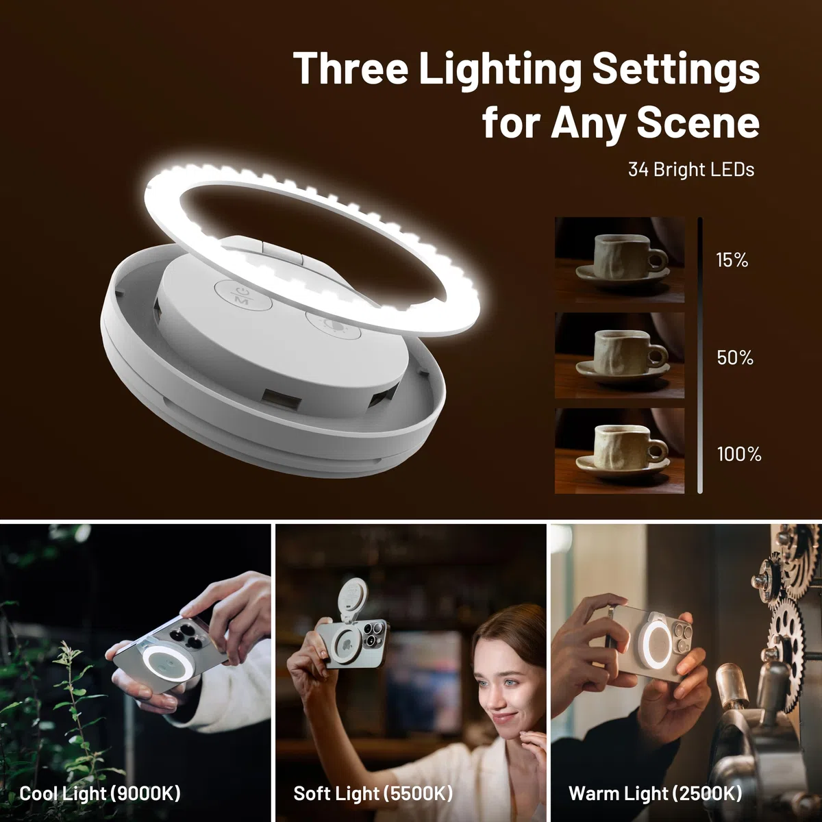 PGYTECH MagGlow Luce di Riempimento Magnetica per Cellulare, Luce Selfie MagSafe, Anello Luminoso LED Magnetico Portatile con Luce Fredda/Morbida/Calda, per Selfie/Fotografia/Video (Nero)