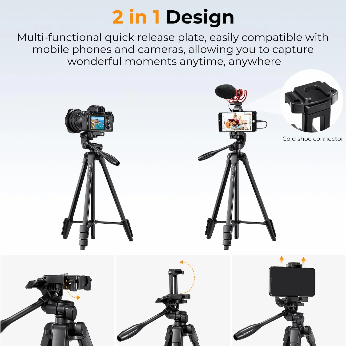 Treppiede Fotocamera e Smartphone 152cm, K&F Concept Treppiedi Leggero da Viaggio con Telecomando Wireless per Canon Nikon Sony iPhone Samsung, Huawei, Xiaomi, Live Stream YouTube Living Vlog