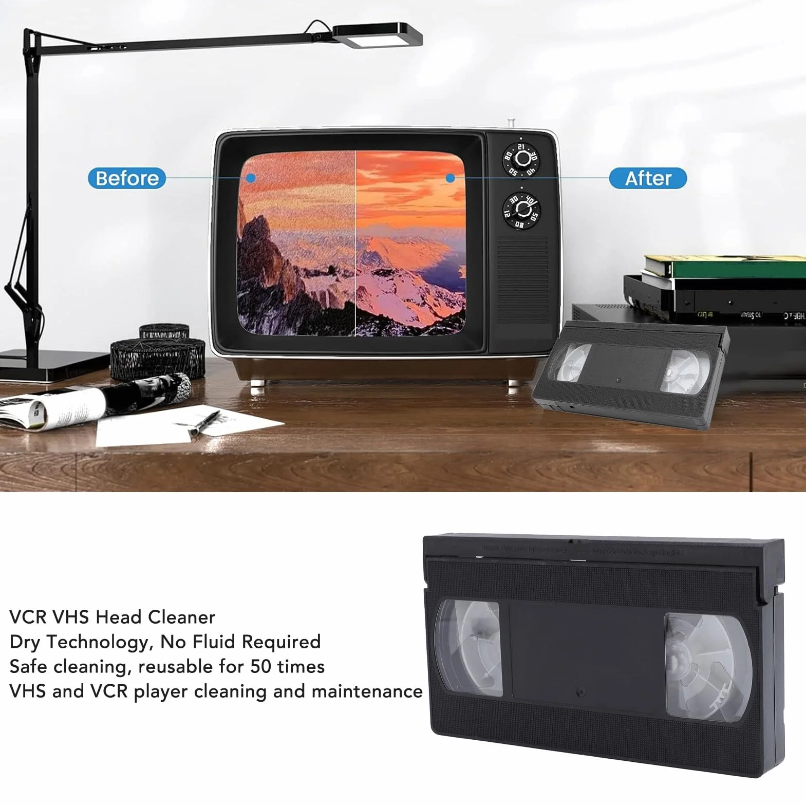 Garsent Pulitore per testine VCR, detergente per testine VHS, detergente per testine video VHS per lettori VCR VHS, tecnologia a secco, riutilizzabile fino a 50 volte, non richiede liquidi