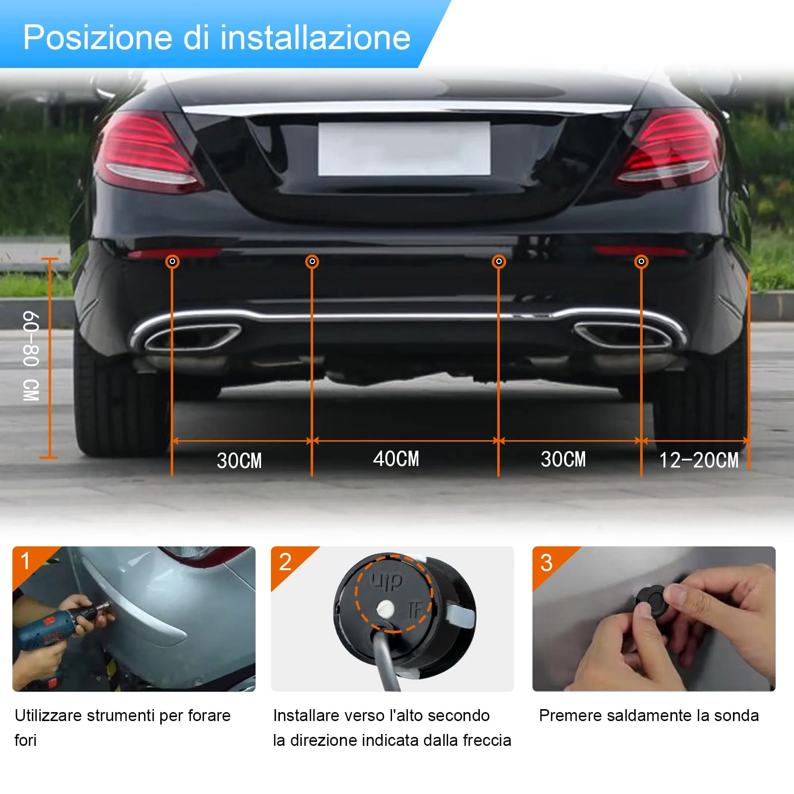 Sensore di parcheggio Sensore radar di retromarcia Kit radar di retromarcia Contiene 4 sensori di parcheggio, avviso acustico. (nero)