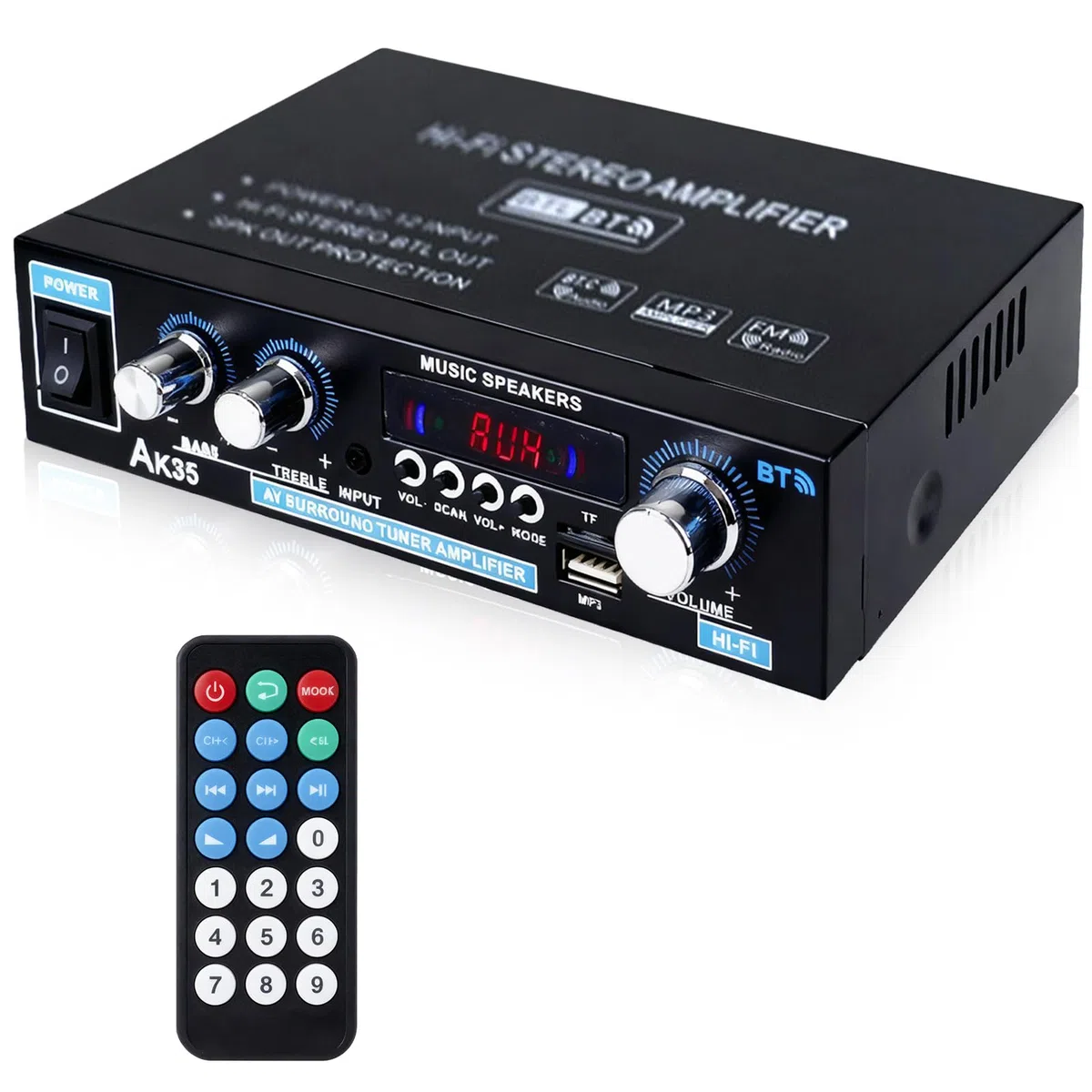 AK35 Amplificatore HiFi Bluetooth 5.0 2.0 Canali 30W X 2 Amplificatore Stereo HiFi Amplificatore Finale di Potenza Mini Radio Audio Amplificatore Ricevitore con Radio FM, Telecomando, Scheda SD, USB