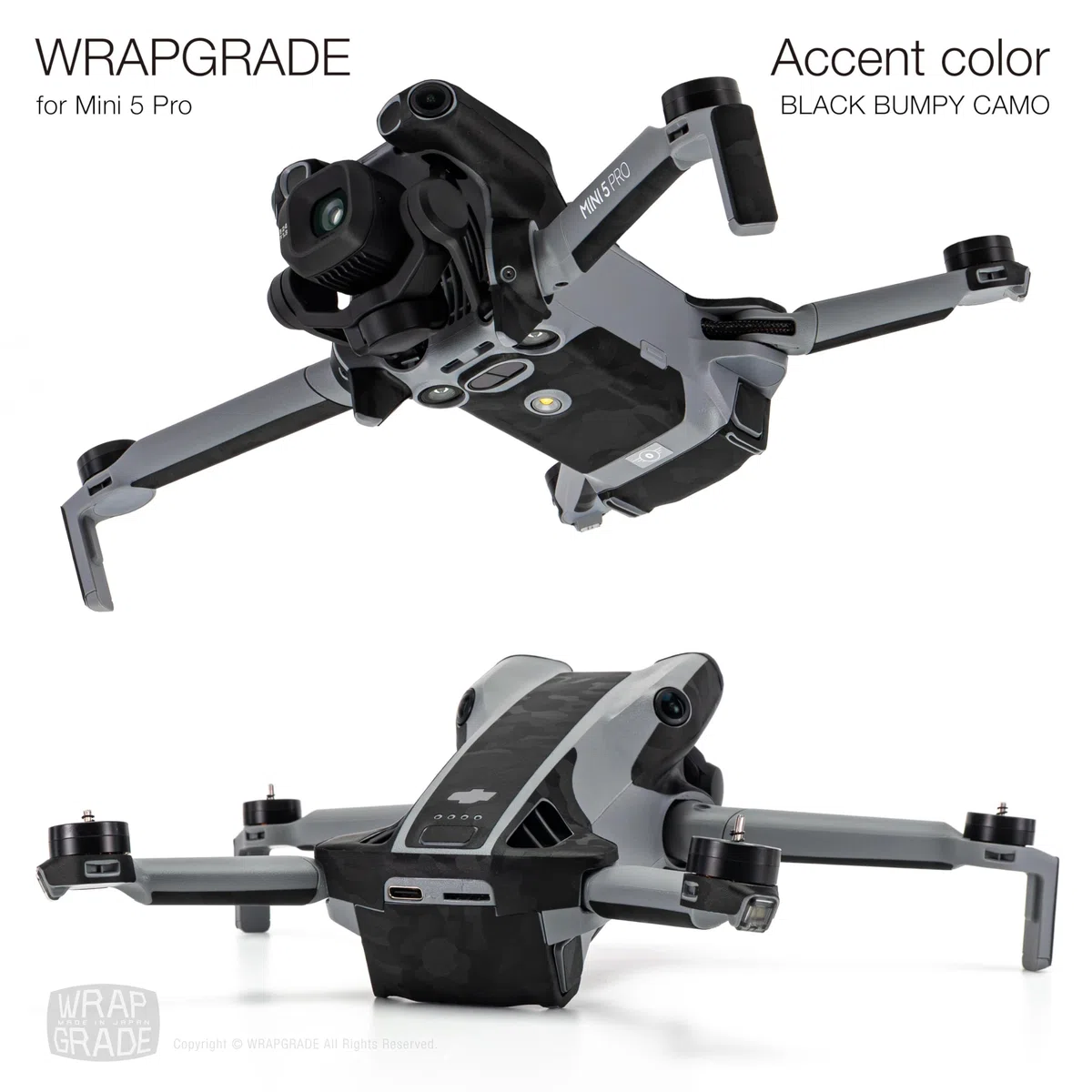 WRAPGRADE adesivi compatibili con DJI Mini 5 Pro Accent Color (Black Bumpy Camo)