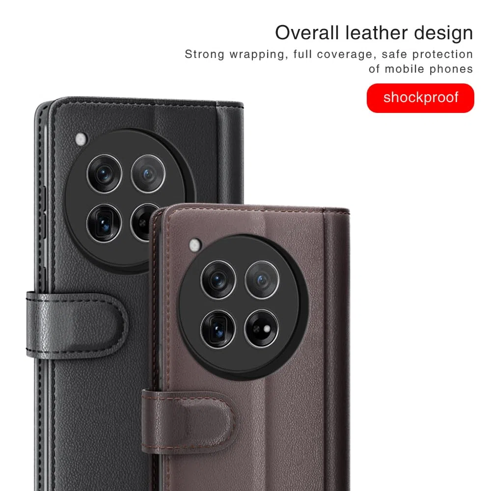 COQUE Custodia OnePlus 12 Shell, Custodia Flip in Vera Pelle di Vacchetta con Slot per Schede Custodia in Pelle per OnePlus 12-Nero