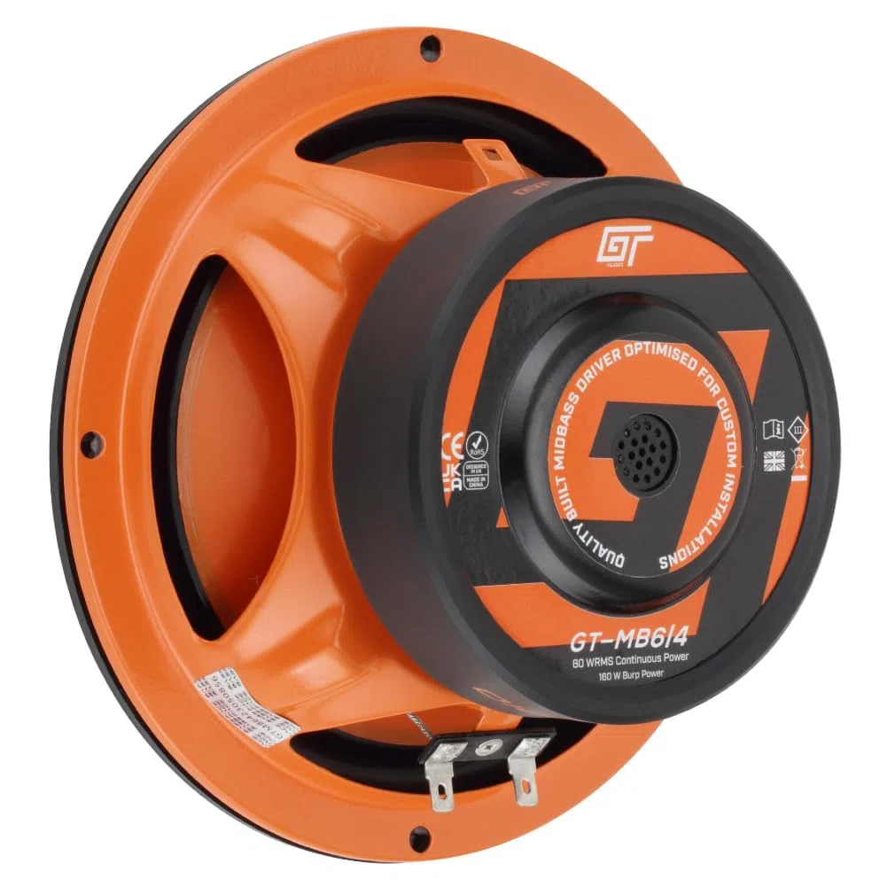 KIT SET PER BASS FACE GT AUDIO GT-MB6/4 1 woofer midbass da 16,5 cm 165 mm 6,5" di diametro, 80 watt rms 160 watt max, impedenza 4 ohm, portiere sportelli, per auto, 1 pezzo
