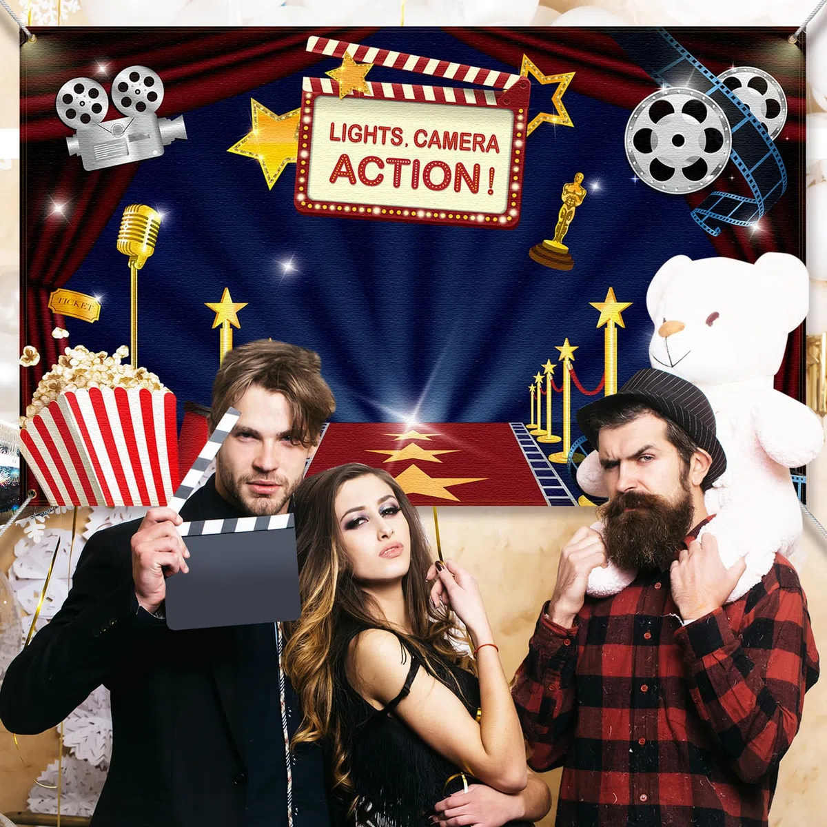 Decorazioni per feste a tema film Hollywood, grande sfondo in tessuto Hollywood per serate cinematografiche, feste di compleanno, eventi, premi, cerimonie fotografiche, sfondo fotografico, 180 x 100