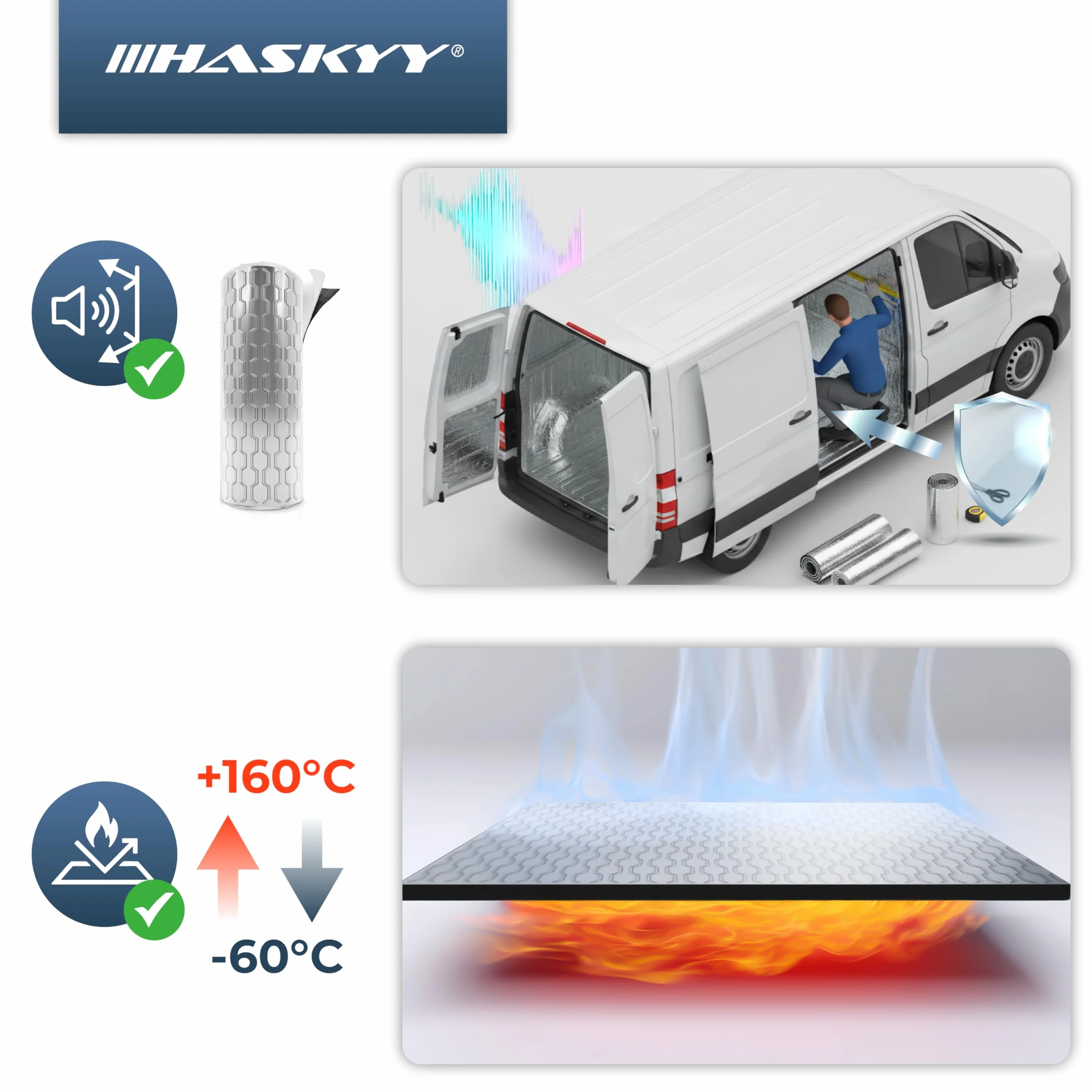 HASKYY Isolante insonorizzante da 2 mm 2 mq per Auto, Fonoassorbente Butilico da Auto, Isolamento Acustico e Smorzamento di Vibrazioni