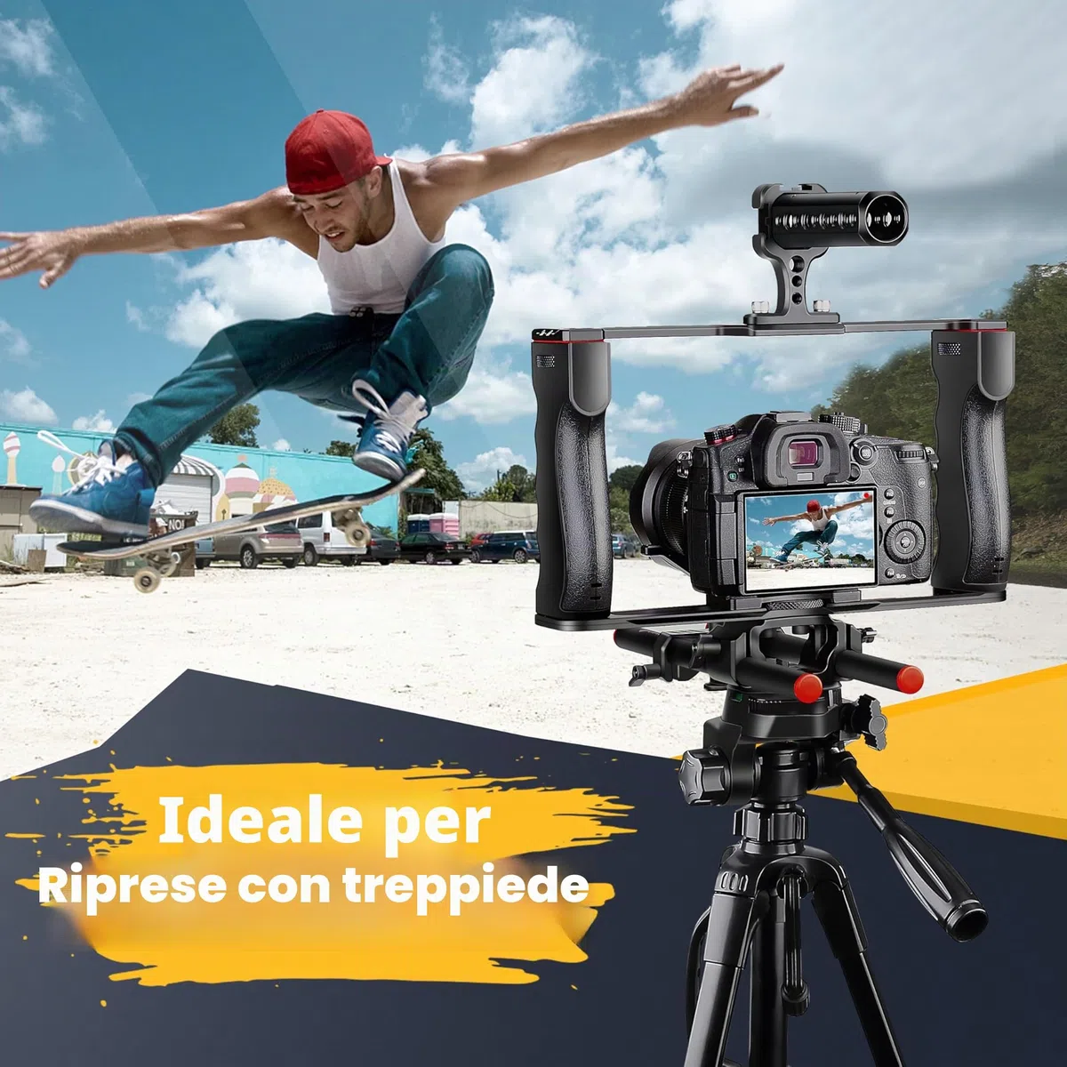 Zeadio Gabbia universale per fotocamera, rig stabilizzatore video a doppia impugnatura con maniglia superiore, 6 attacchi cold shoe, per filmmaking e vlogging YouTube ecc