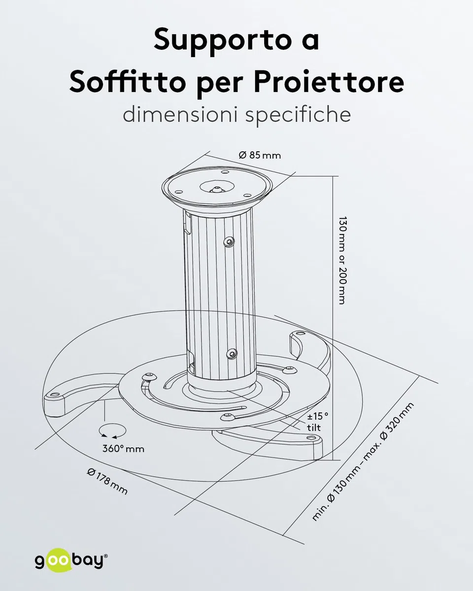goobay Supporto Videoproiettore Soffitto Universale Fino a 10 kg Interasse 130-320 mm Inclinabile 360 Gradi Girevole Argento - 51905