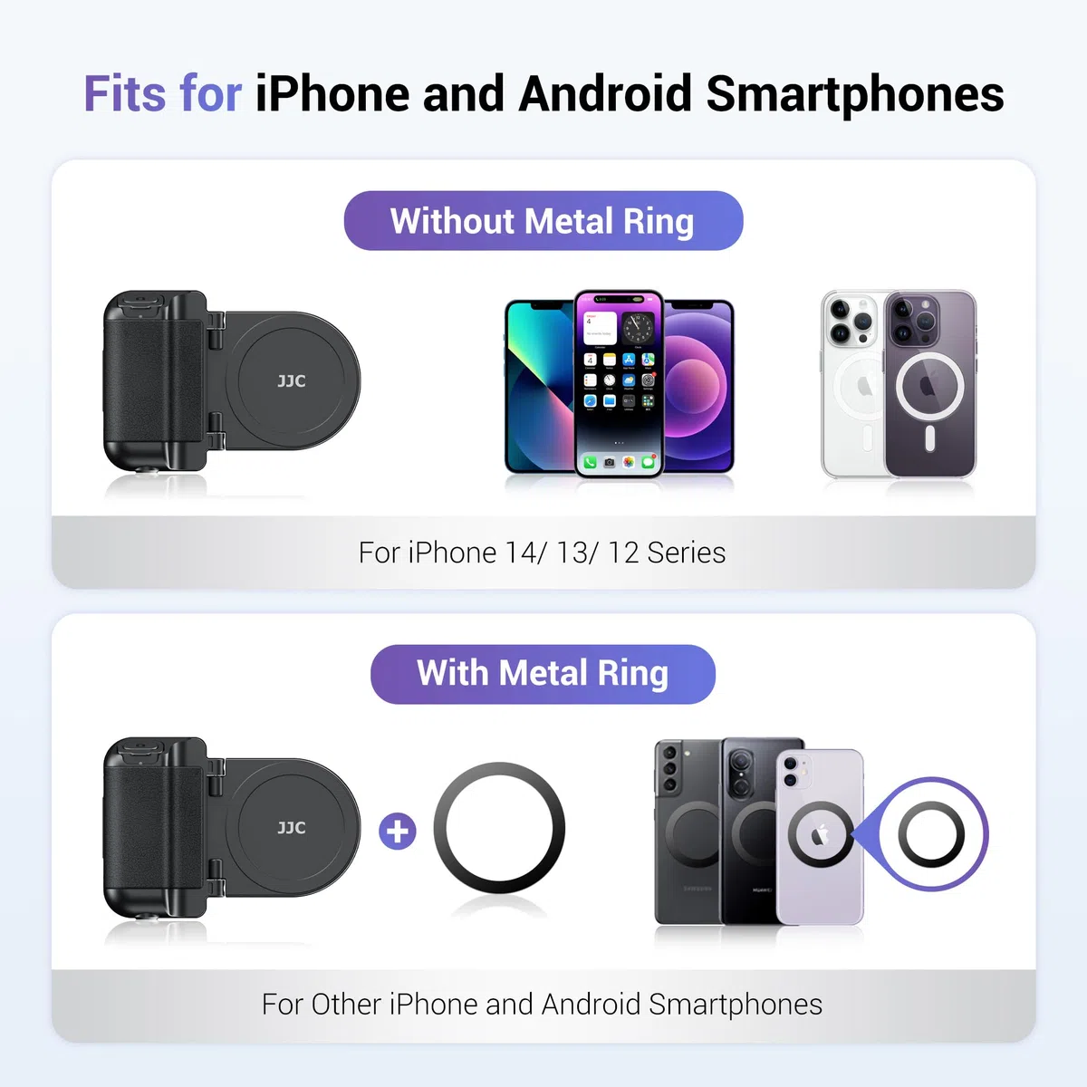 JJC Magnetico Impugnatura magnetica per cellulare con telecomando Bluetooth per iPhone 17 16 15 14 13 e smartphone Android, supporto per telefono e treppiede, colore: Nero
