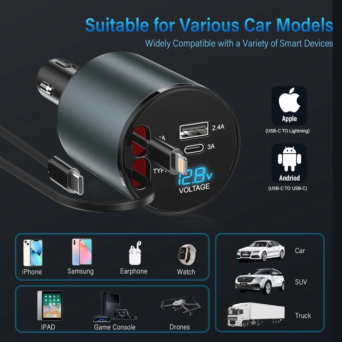 Caricabatteria da auto per accendisigari USB C 4 in 1 56W - Caricabatterie per auto con 2 cavi retraibili (Tipo C, Lightning), adattatore USB per accendisigari con visualizzazione tensione, rotazione