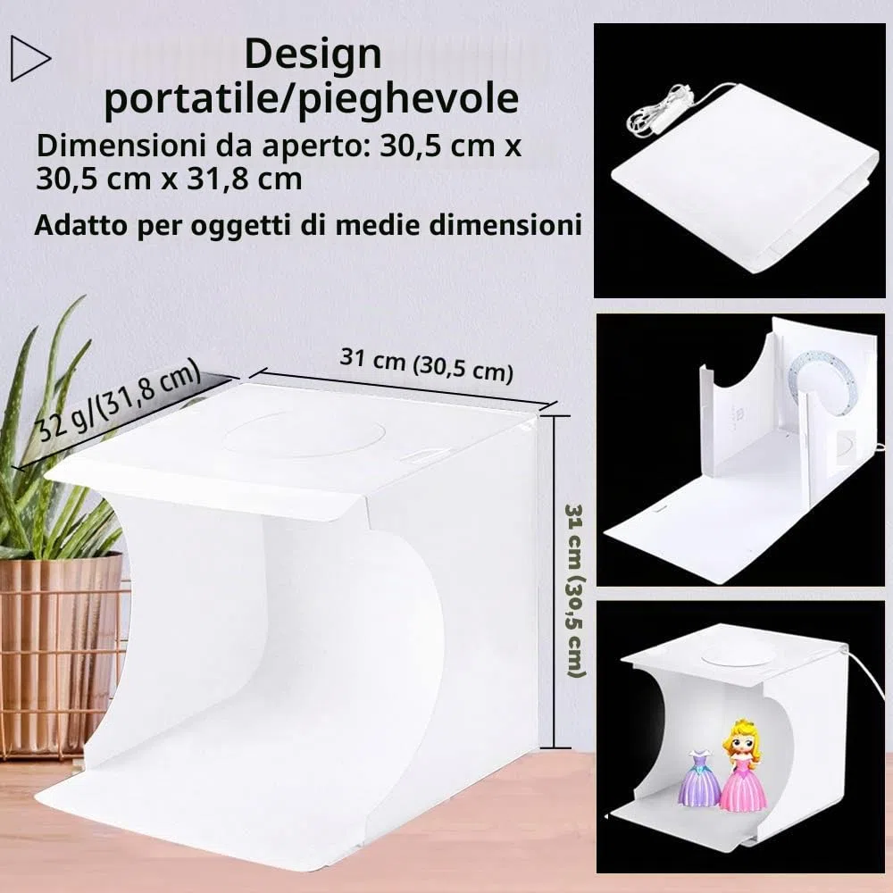 Studio Fotografico Portatile Tenda Fotografica Scatola Luminosa 30x30cm, Pieghevole Foto-Studio con luce LED 3200K/6500K Dimmerabile, Luminosità Regolabile, 6 Fotografico Sfondo