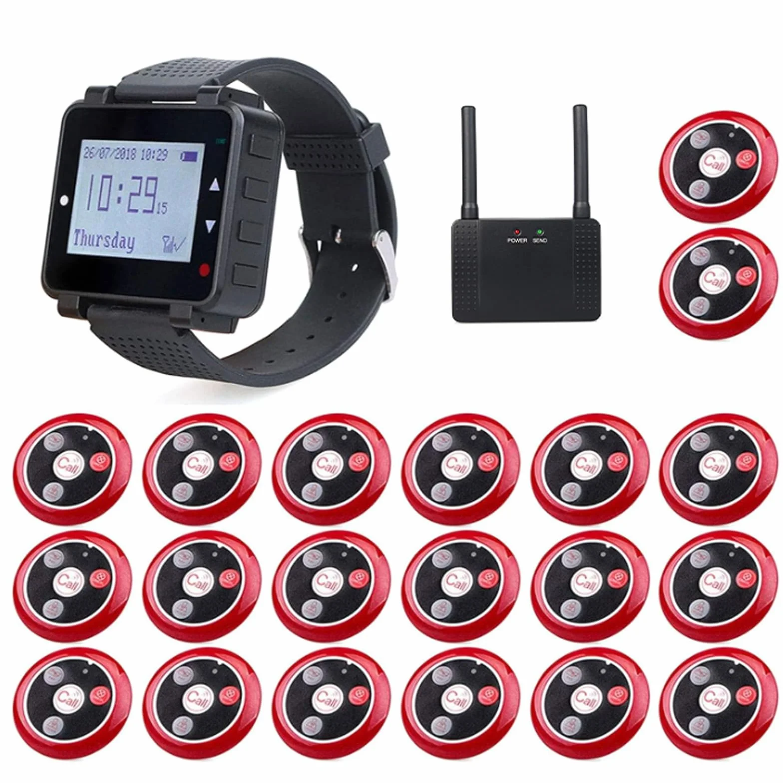 Retekess T128 Cercapersone Ristorante, Sistema di Chiamata Wireless, 48 Ore di Standby,1 Orologio e 20 Pulsanti di Chiamata e 1 Amplificatore Segnale, per Ristorante Bar Pizzeria