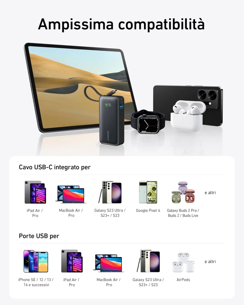 Anker Nano Power Bank Ricarica Rapida, 10000 mAh, con Cavo USB-C Integrato, PD 30 W, Potenza Massima con 1 USB C 1 USB-A, Compatibile con iPhone 17 pro max/16, MacBook, Samsung, iPad e Molto Altro