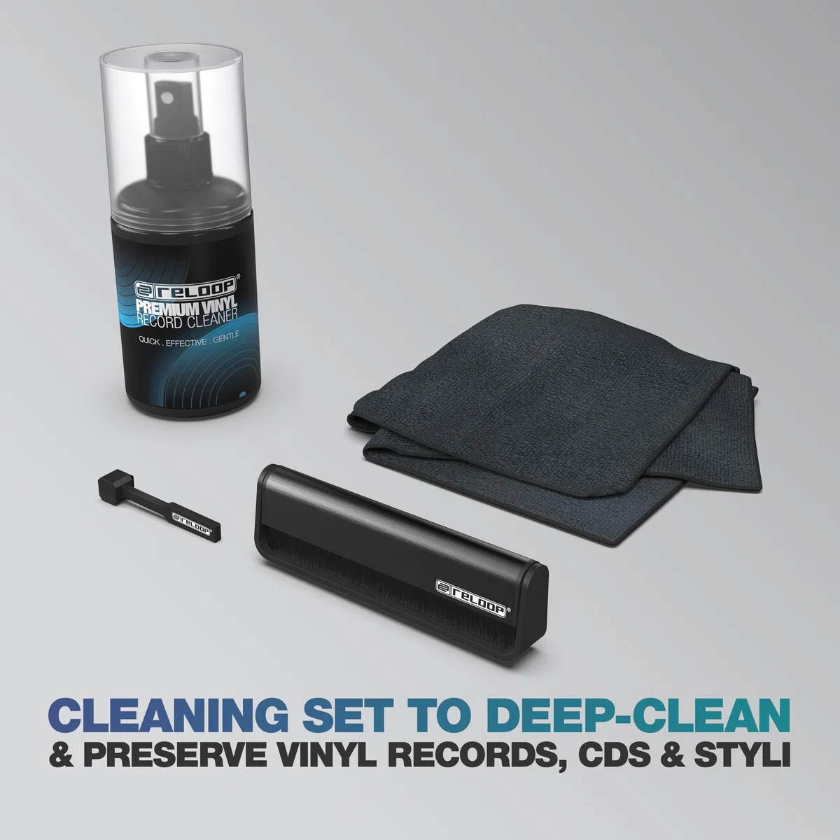Reloop Premium Vinyl & Stylus Cleaning Set - per Pulizia Vinili, CD e Puntine, Kit 4-in-1 con Spray 200ml, Spazzola in Carbonio, Pennello per Testina