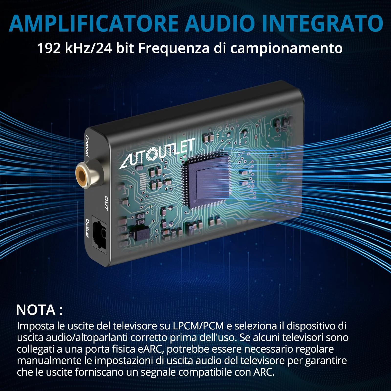 AUTOUTLET Estrattore Audio HDMI ARC,Convertitore Audio ARC a Ottico/Coassiale Estrazione Digitale 192kHz con Cavi HDMI/Ottico per Soundbar Amplificatori