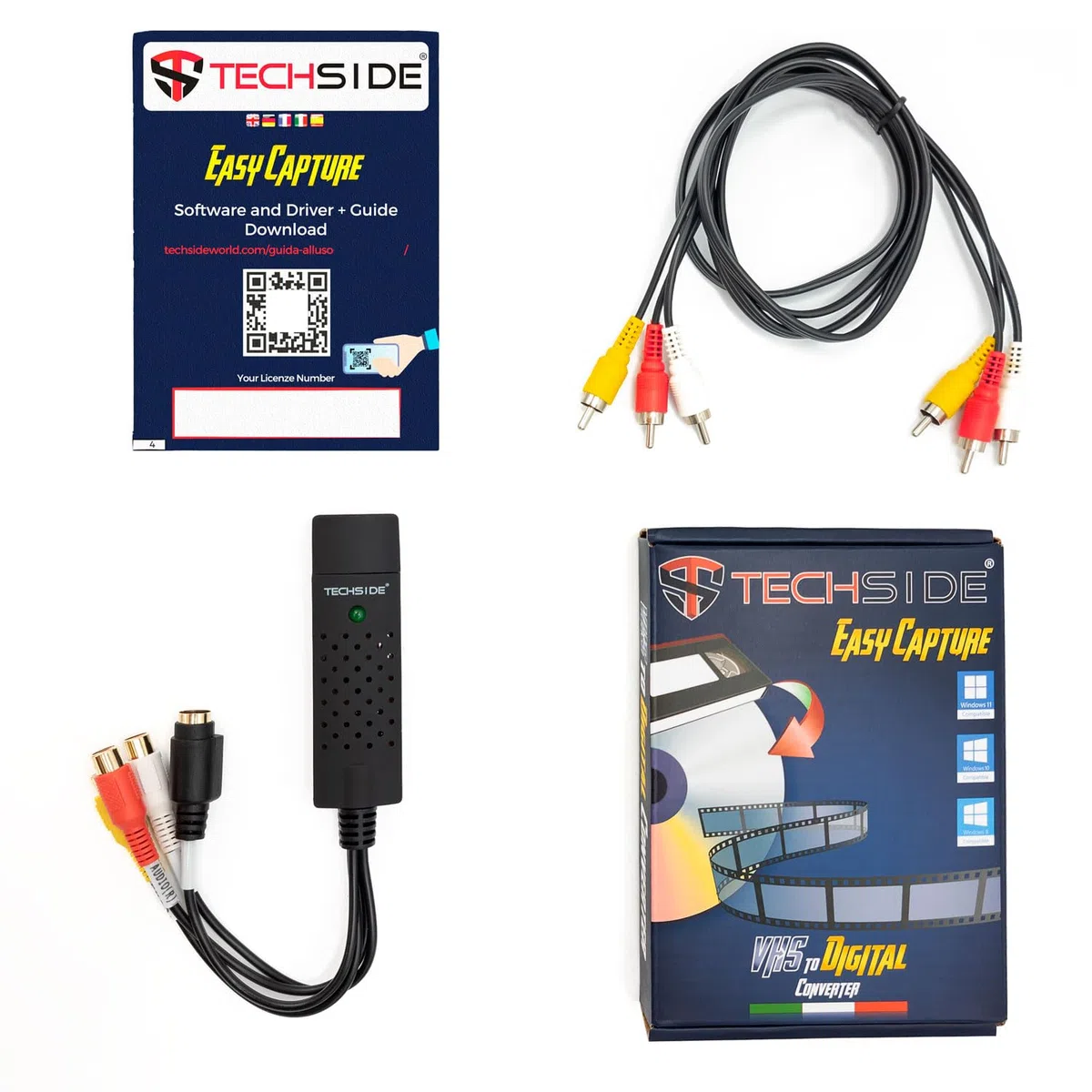 TechSide Video Grabber Contatti Dorati + Cavi RCA | Analogico Digitale | Windows 11 + Nuovo Software 2024 | USB 2.0 Converter VHS Capture | Converti Formato Digitale Mpeg Le Vecchie Videocassette