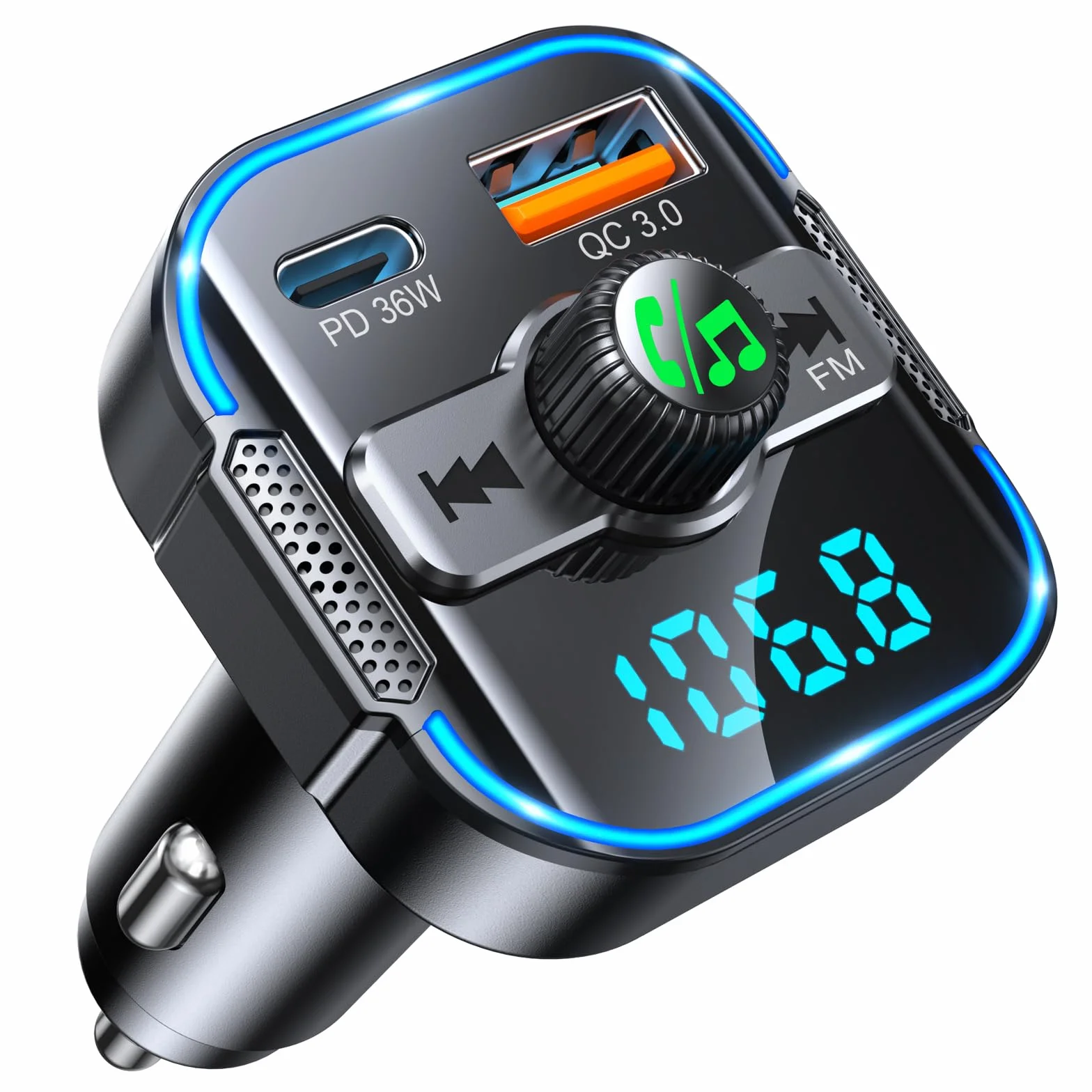 Glangeh Trasmettitore FM Bluetooth 5.3 per Auto Ricarica Rapida PD 36W QC3.0 18W Adattatore Bluetooth Auto Audio Radio con Doppi Microfoni Car Kit Chiamata Vivavoce