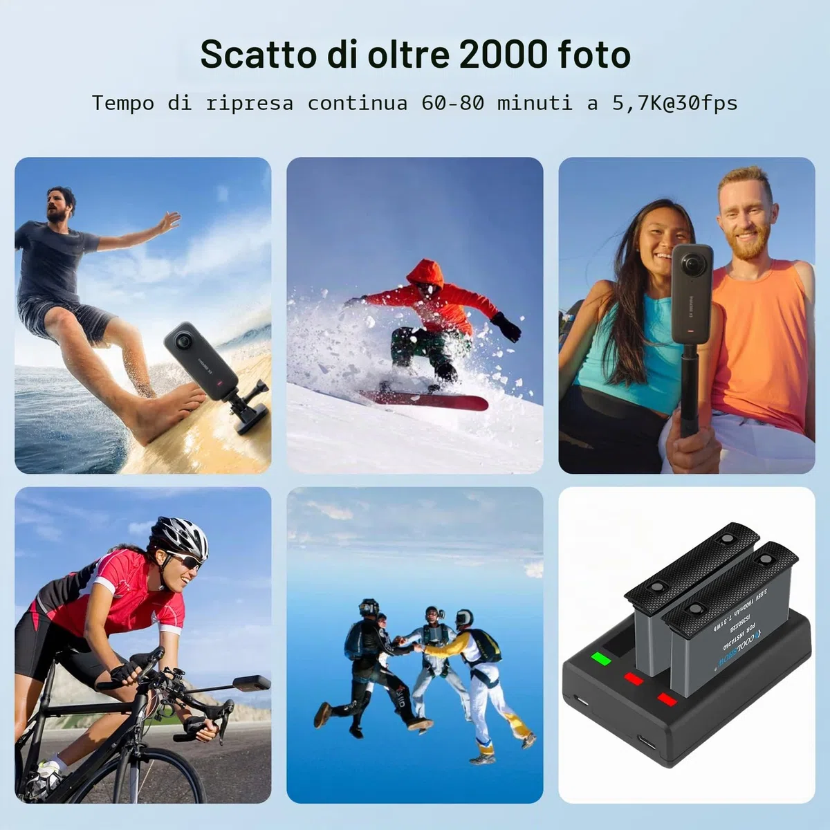 COOLSHOW Action Camera X3 Batteria 1800mAh 2 pezzi e X3 Caricabatterie Triplo con Type-C e Micro USB di ricarica Compatibile con X3 fotocamera (Sostituzione della X3 Batteria)