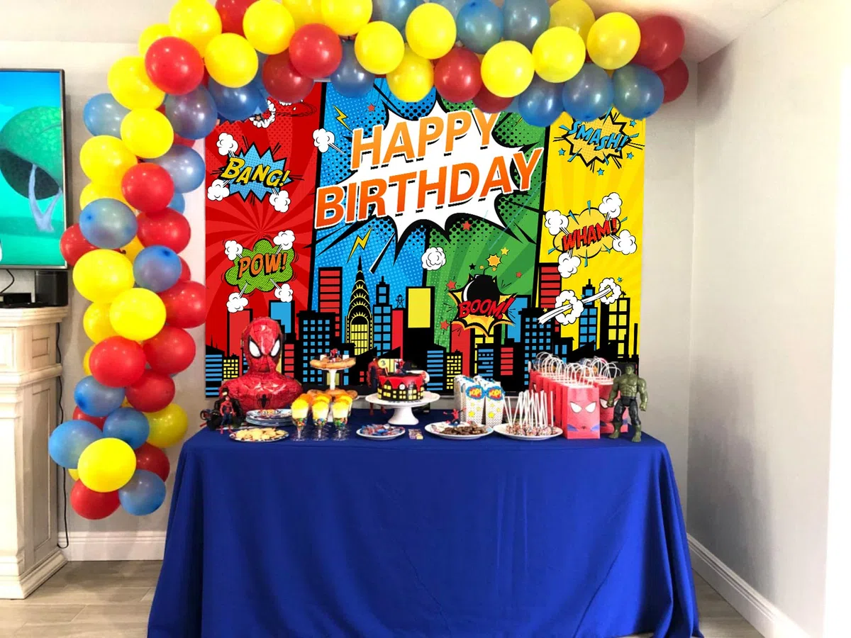 Sfondo a tema supereroe Città Paesaggio Architettura Stile fumetto Ragazzo Festa di compleanno Sfondo Baby Shower Torta Decorazione da tavola Banner Photo Booth Puntelli (2,1x1,5 m)