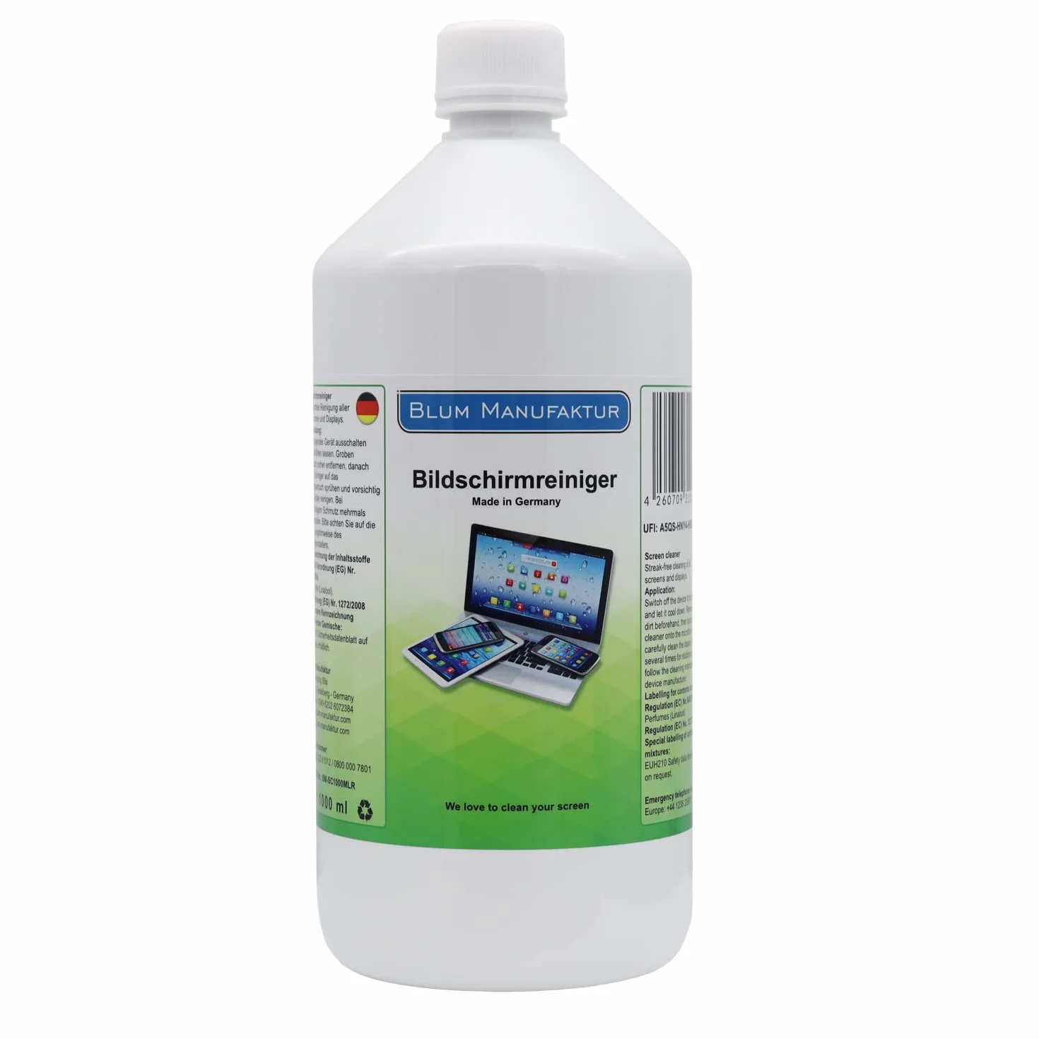 Blum Manufaktur - 1000ml Pulizia dello schermo (ricarica bottiglia). Pulizia perfetta di tutti gli schermi e display. Senza striature e senza strisce.