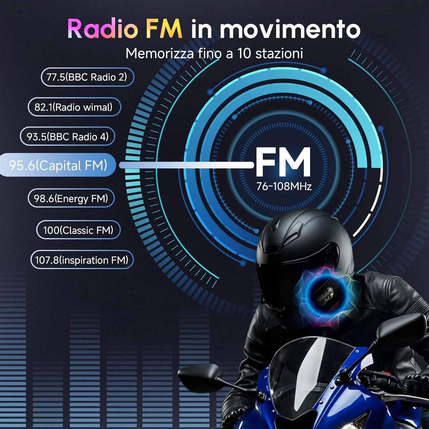 Moman Cuffie per casco da moto, BT5.1, con altoparlanti Hi-Fi, doppia riduzione del rumore, RGB/FM/vivavoce/AI vocale, cuffie per pilota singolo (nero H4P)