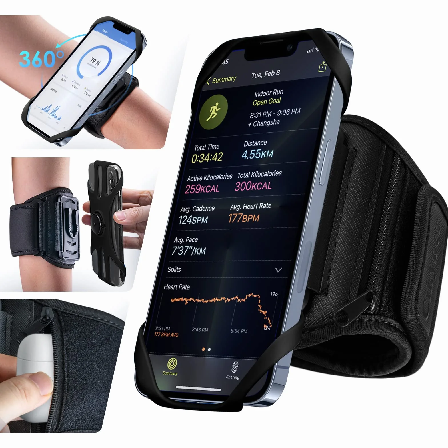 Cikyner Fascia da Braccio Sportiva da Corsa, Supporto per Telefono da Corsa Girevole e Staccabile a 360° con Tasca per Auricolari/Contanti per iPhone 4,5-7 Pllici per Palestra Corsa Escursioni