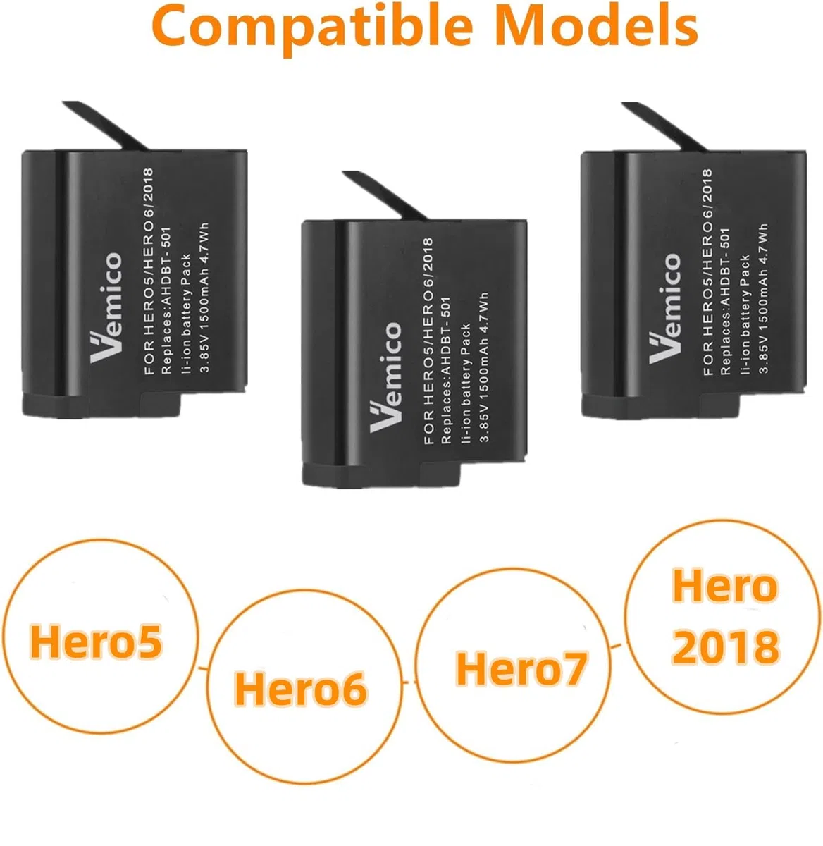 Vemico Hero 7/6/5 Batteria Caricabatterie Kit 3 Pack 1500mAh Batterie Ricambio Tipo-C LED 3-Canali Caricabatterie per Hero 7 Black/Hero 6/Hero 5 Black/Hero 2018 (Compatibile con L'originale)