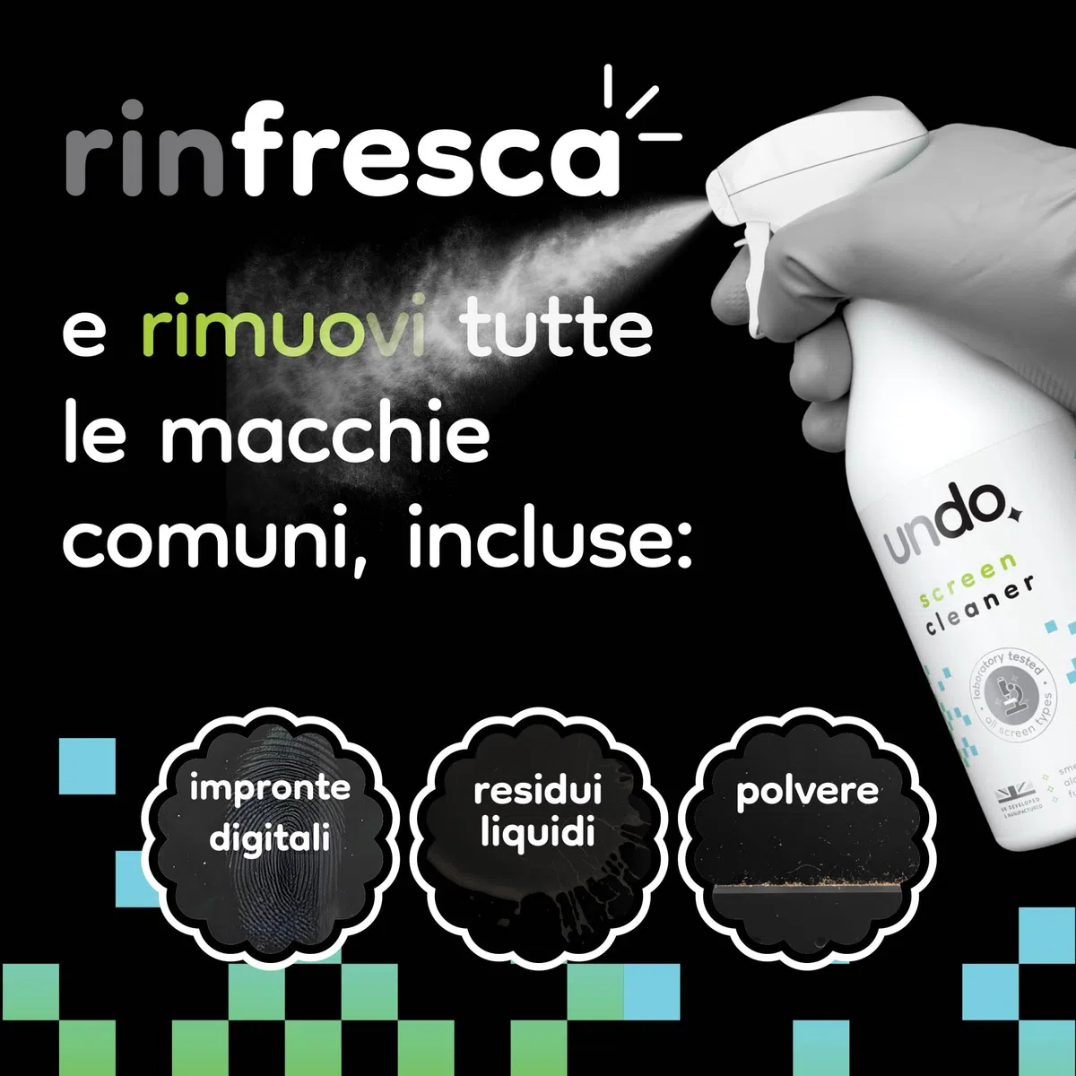 UNDO Spray per Schermi con Panno in Microfibra, 500ml, Kit Pulizia iPhone, iPad, Laptop, Touchscreen, TV LCD, LED, OLED, Monitor del Computer