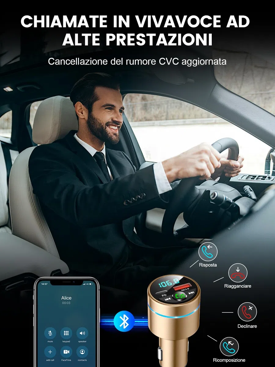 Mohard Trasmettitore FM Bluetooth 5.3 Auto, Ricarica Rapida PD 30W & QC3.0 18W Adattatore Bluetooth Accendisigari per Auto Interamente Metallo, Amplificatori Segnale Cellulari Car Musica Hi-Fi