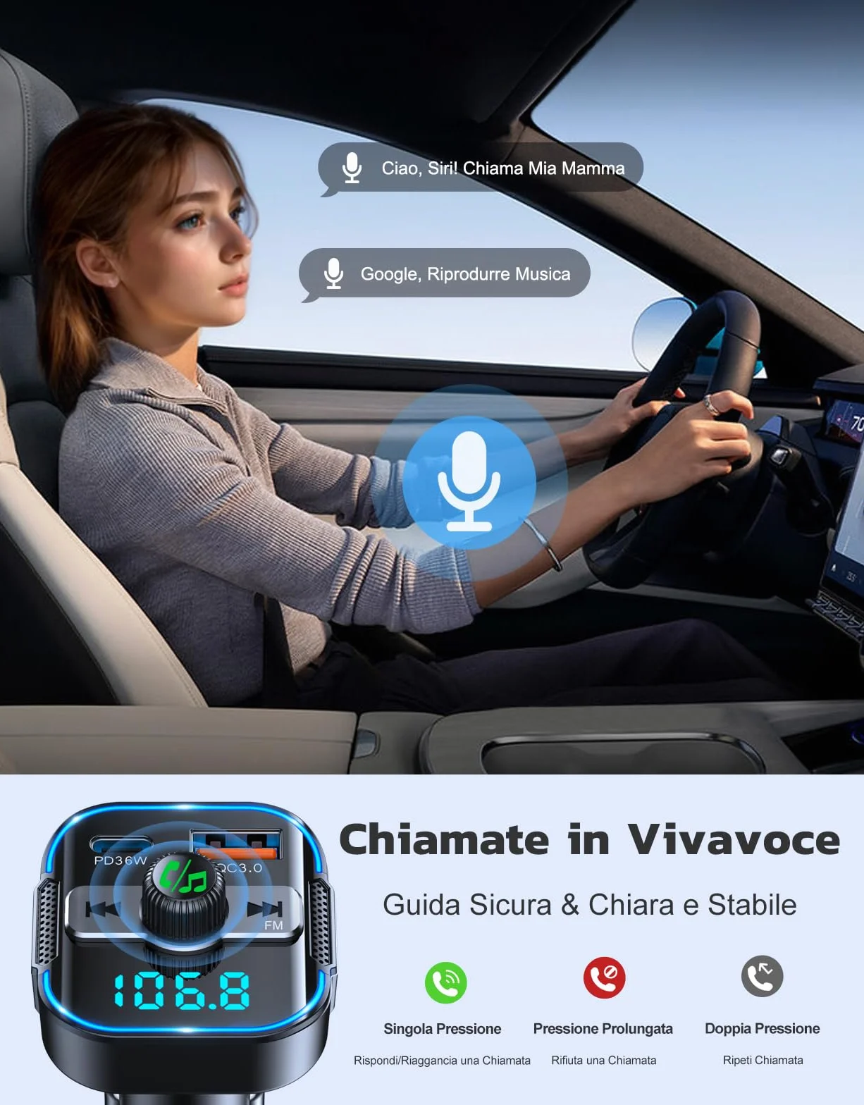 Glangeh Trasmettitore FM Bluetooth 5.3 per Auto Ricarica Rapida PD 36W QC3.0 18W Adattatore Bluetooth Auto Audio Radio con Doppi Microfoni Car Kit Chiamata Vivavoce