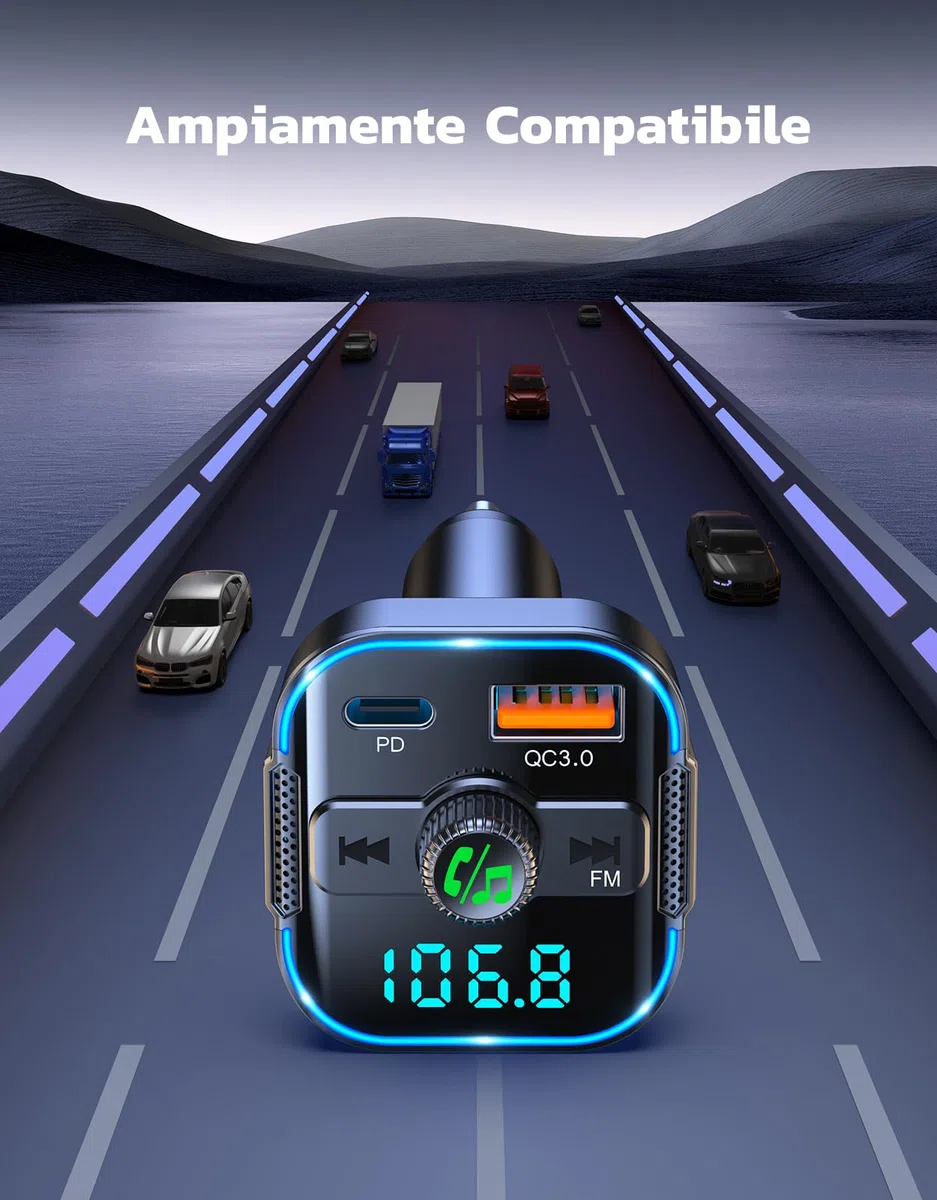 Glangeh Trasmettitore FM Bluetooth 5.3 per Auto [Ricarica Rapida PD 45W+QC3.0 36W], 2026 Upgrated Adattatore Bluetooth Auto Audio Radio con Doppi Microfoni, Car Kit Chiamata Vivavoce, Supporta Siri
