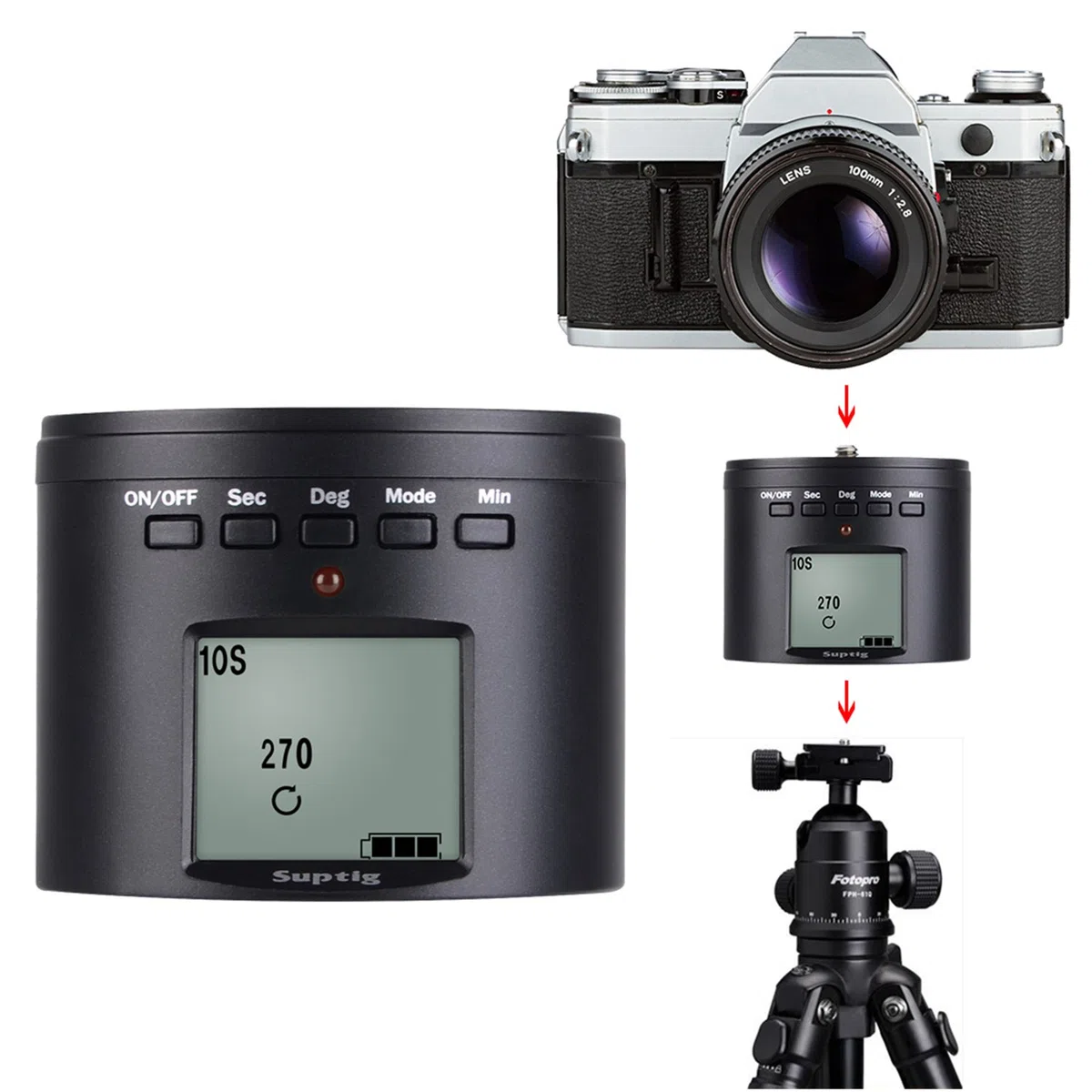 Suptig - Supporto per treppiedi per fotocamera con treppiede elettrico a 360°, compatibile con GoPro Hero 10 Hero 9 Hero 8 Hero 7 Hero 6 Hero 5 Hero 4/3 DJI osmo e iPhone Samrtphone