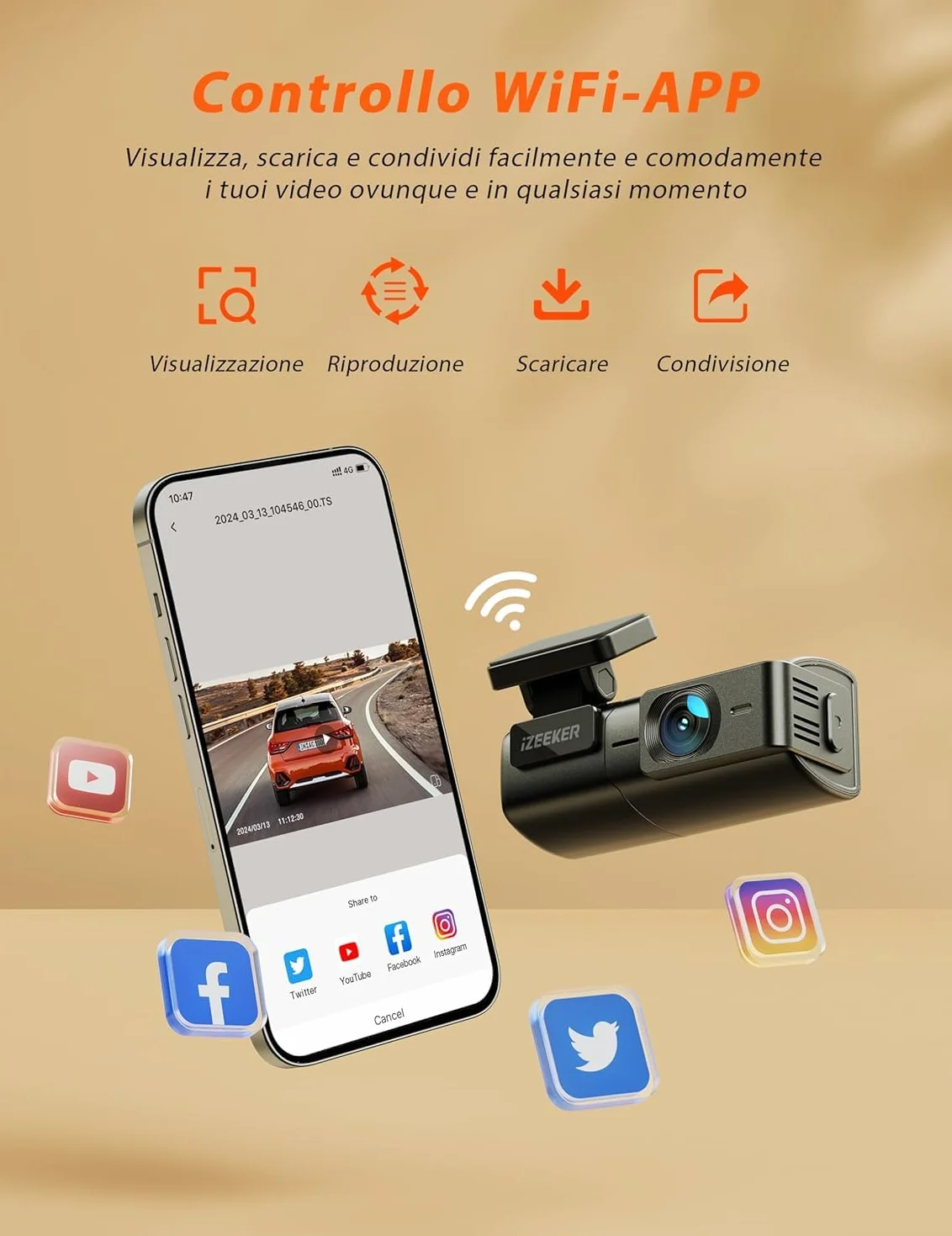iZEEKER 2.5K Dash Cam Auto WiFi Dash Camera 1440P Visione Notturna WDR G-Sensor Registrazione in Loop