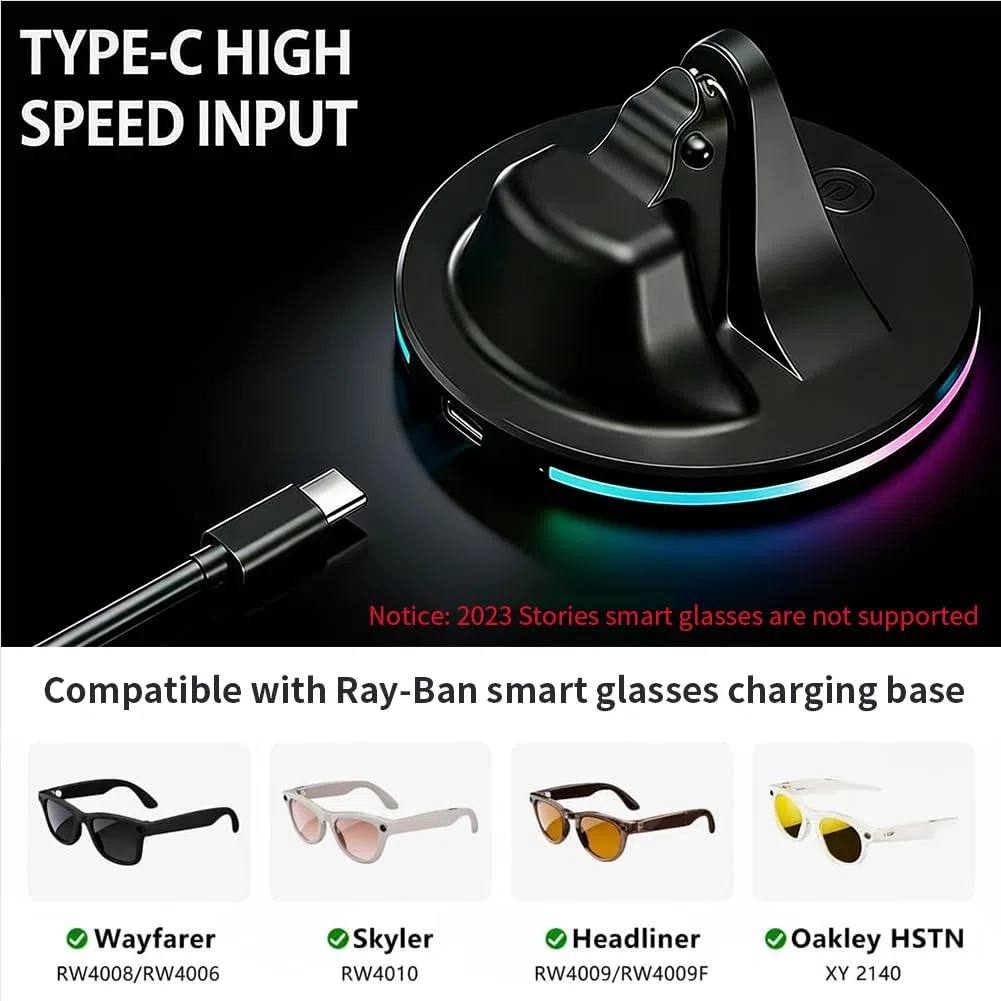 Supporto di ricarica compatibile per occhiali Ray-Ban Meta Smart, Portatile per Wayfarer, compatibile con Wayfarer, Skyler, Headliner con indicatore LED e cavo di ricarica USB-C (Nero-RGB)