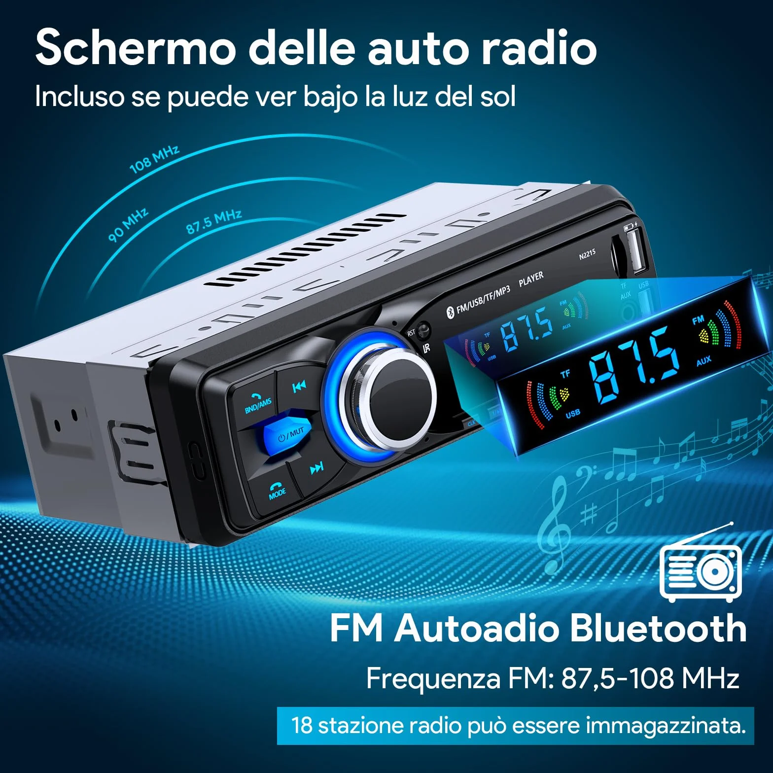 Chismos Stereo Auto 1 DIN Autoradio Bluetooth FM Radio MP3 Lettore Supporta 2 USB/SD/Aux Telecomando Ricarica rapida iOS Android