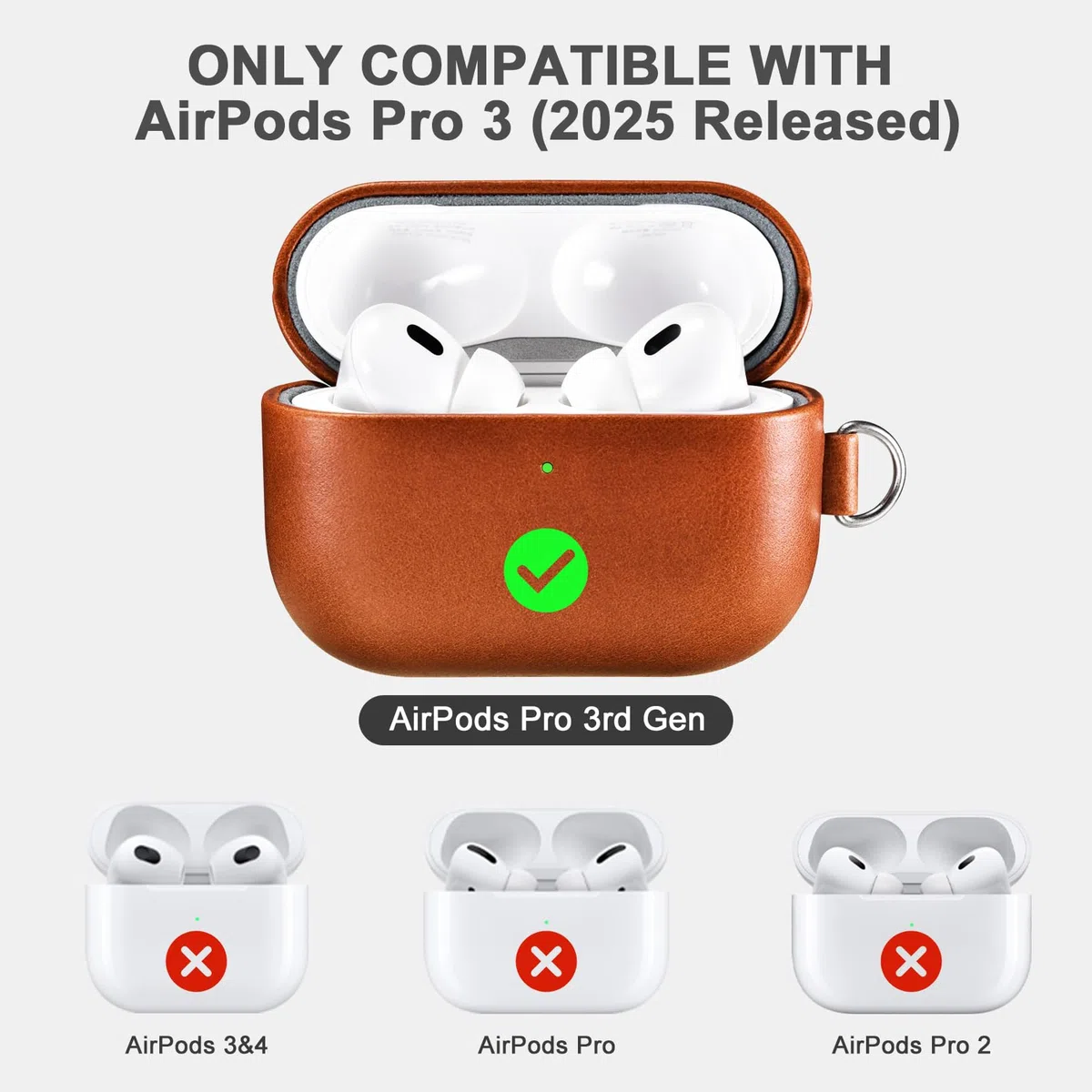 Custodia in Pelle per AirPods Pro 3 2025, ICARER Premium Custodia Protettiva Antiurto Vera Pelle con Cordino per AirPods Pro 3 Auricolari Custodia Ricarica LED visibile Caricabatterie Wireless-Marrone