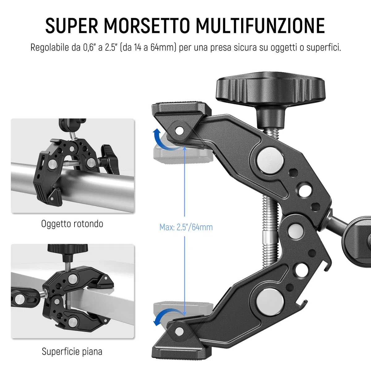 NEEWER Super Clamp con 3" Magic Arm a Doppia Testa Sferica, Cold Shoe, Filetto 1/4", Adattatore Telefono/Action Camera per Treppiede Tavolo Barra Aste Gimbal, Compatibili con SmallRig GoPro DJI, ST83