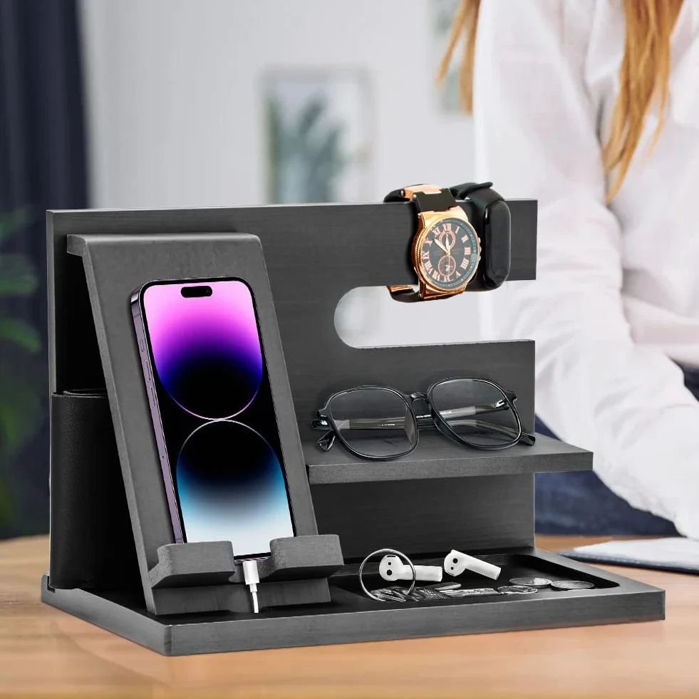 Docking station per telefono in legno, idea regalo per uomo, organizer da scrivania o comodino, regalo di compleanno per marito, festa del papà per papà, idea di anniversario da parte della moglie