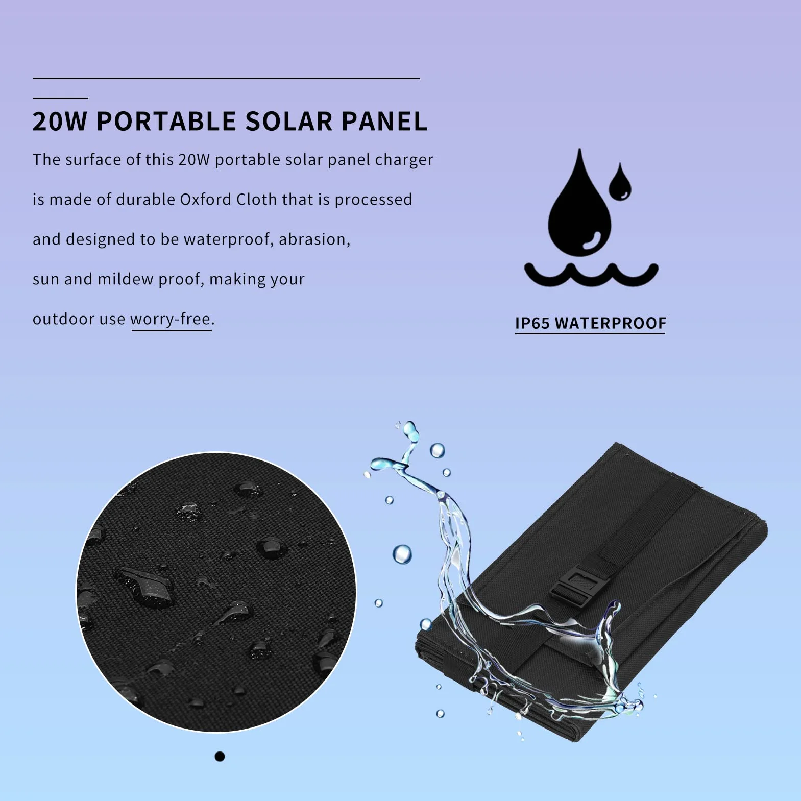 Gugxiom Pannello Solare Portatile da 20 W, Caricatore per Pannello Solare USB Pieghevole, Impermeabile IP65, Uscita USB5V, Pannelli Solari Aperti 480x185mm per Telefono, Laptop, Tablet, ECC.(Nero)